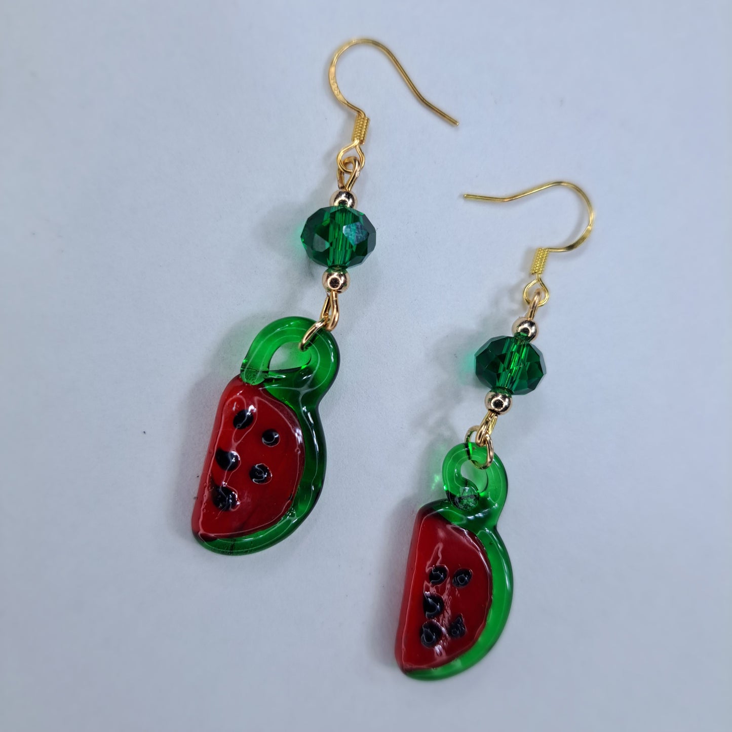 Red watermelon glass charm gold plated s925 sterling silver earrings