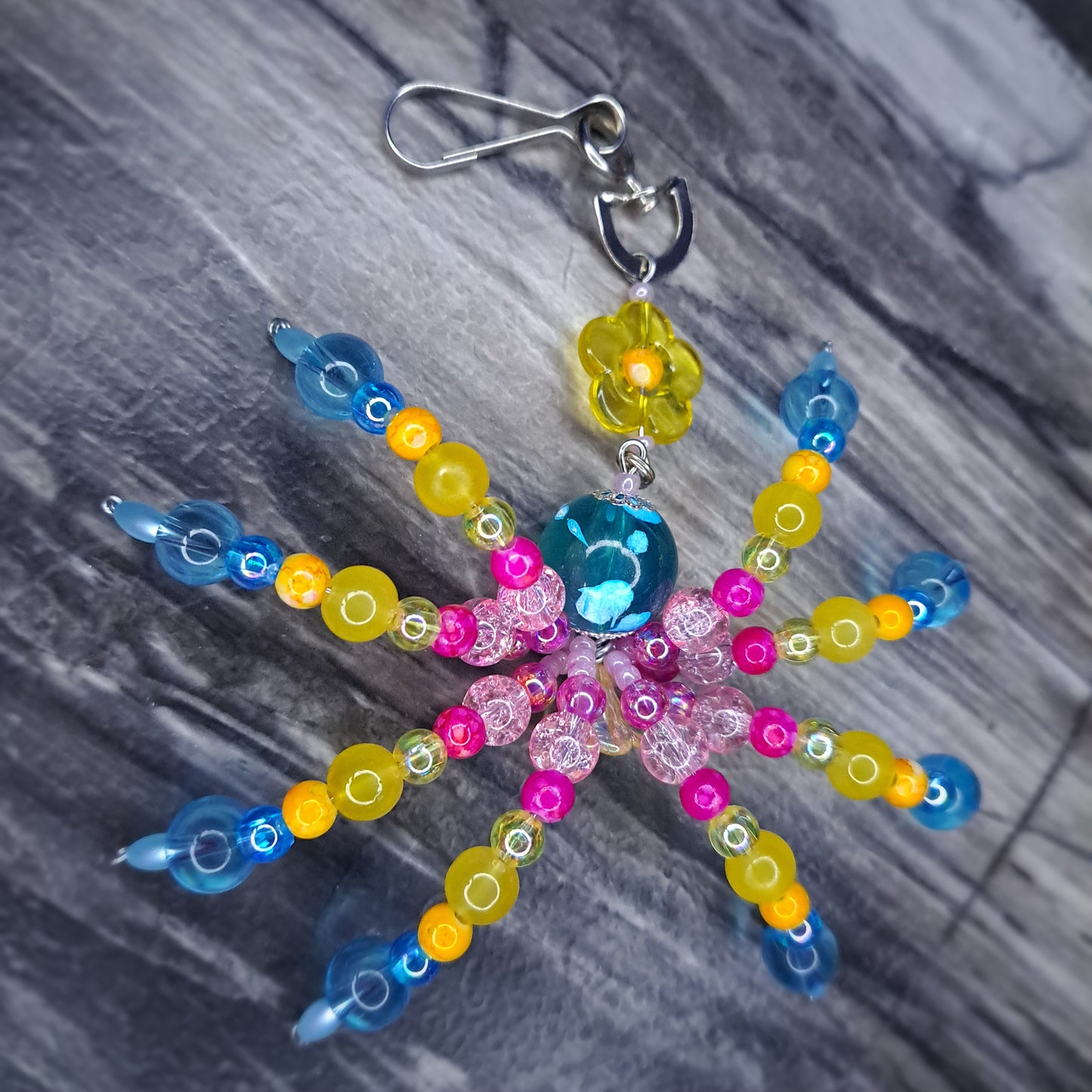 Pink, yellow and blue Beaded spider keychain ๐ฉท๐๐