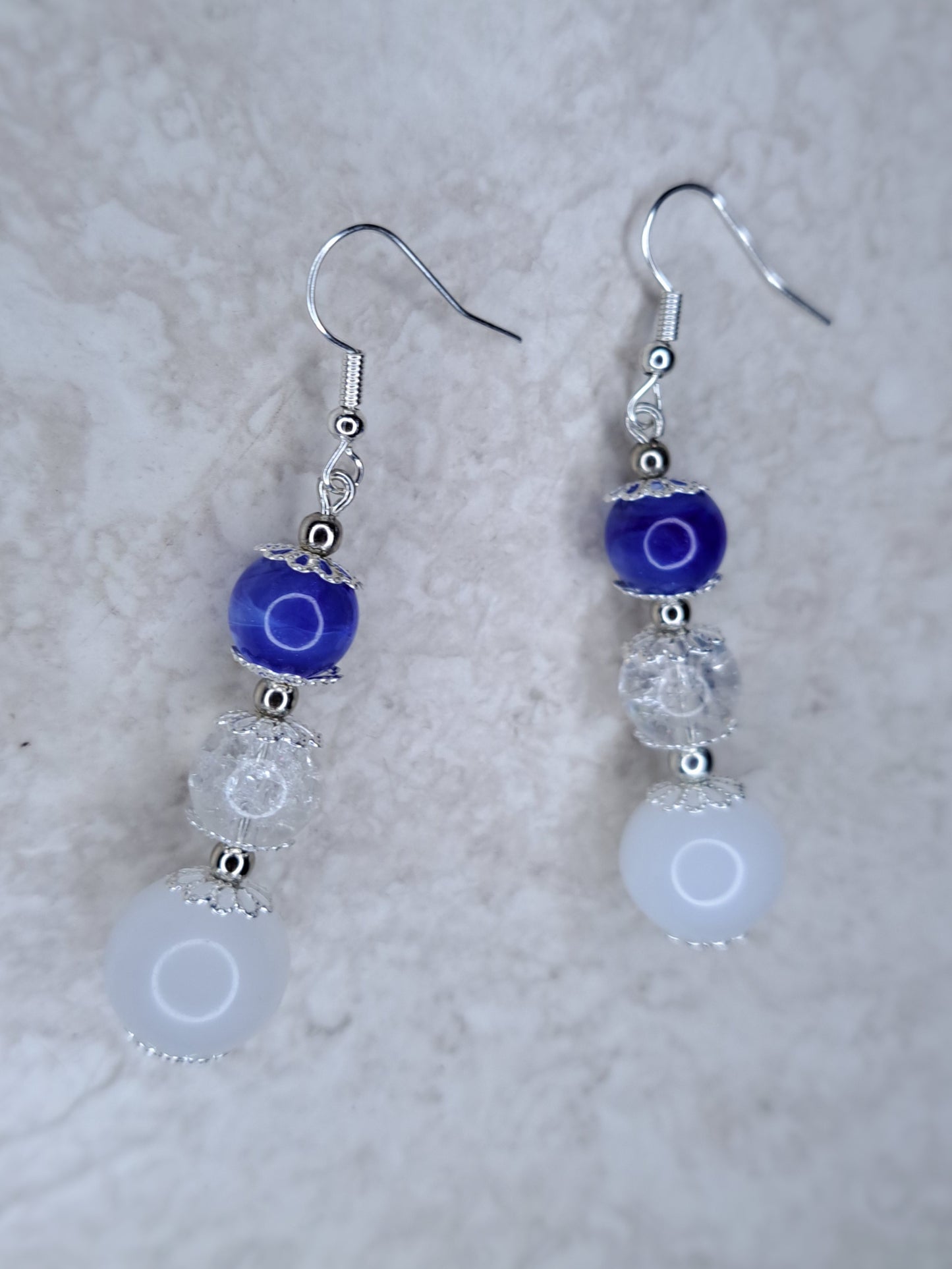 Blue, white and silver stainless steel dangle earrings