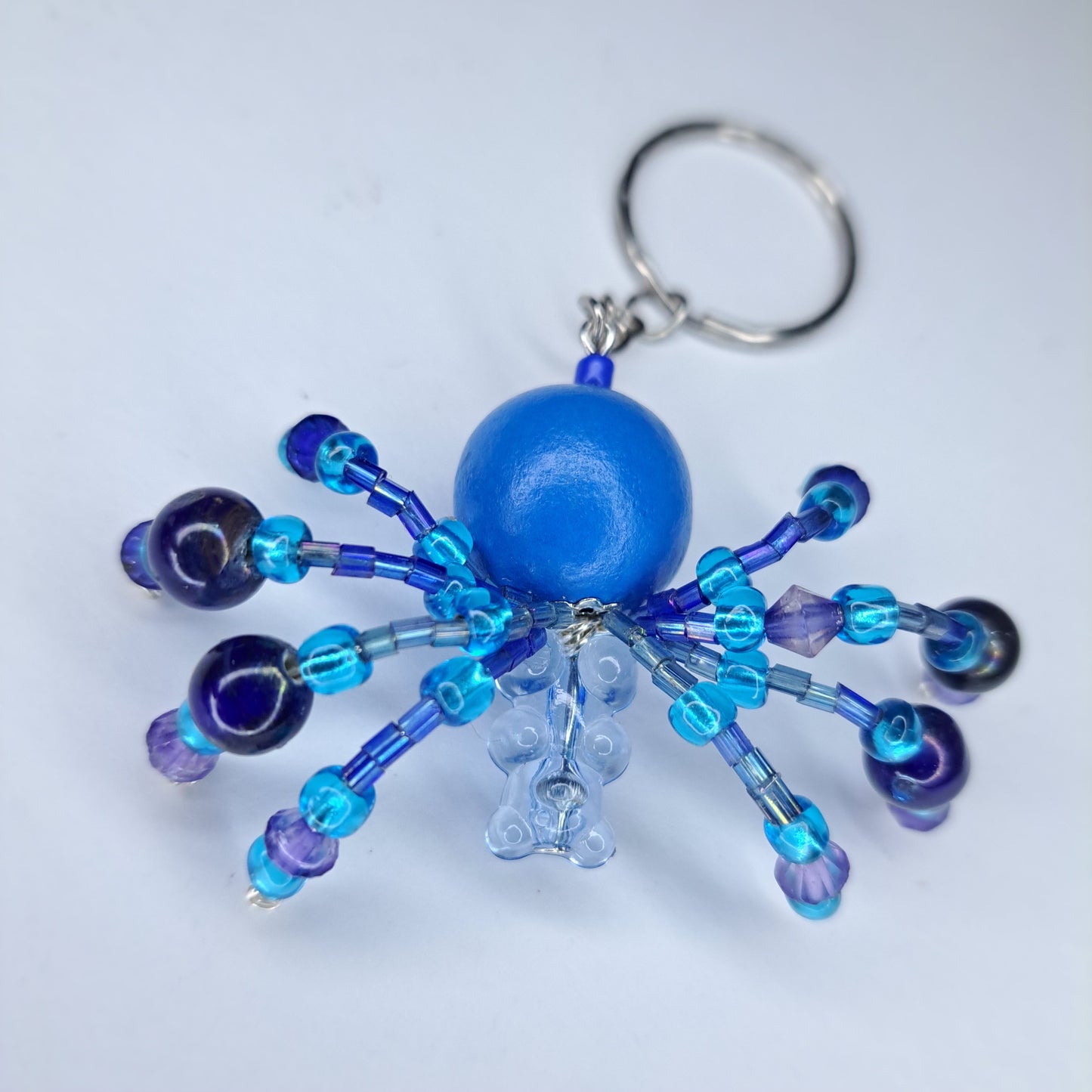 blue gummy bear wood & glass Beaded spider keychain