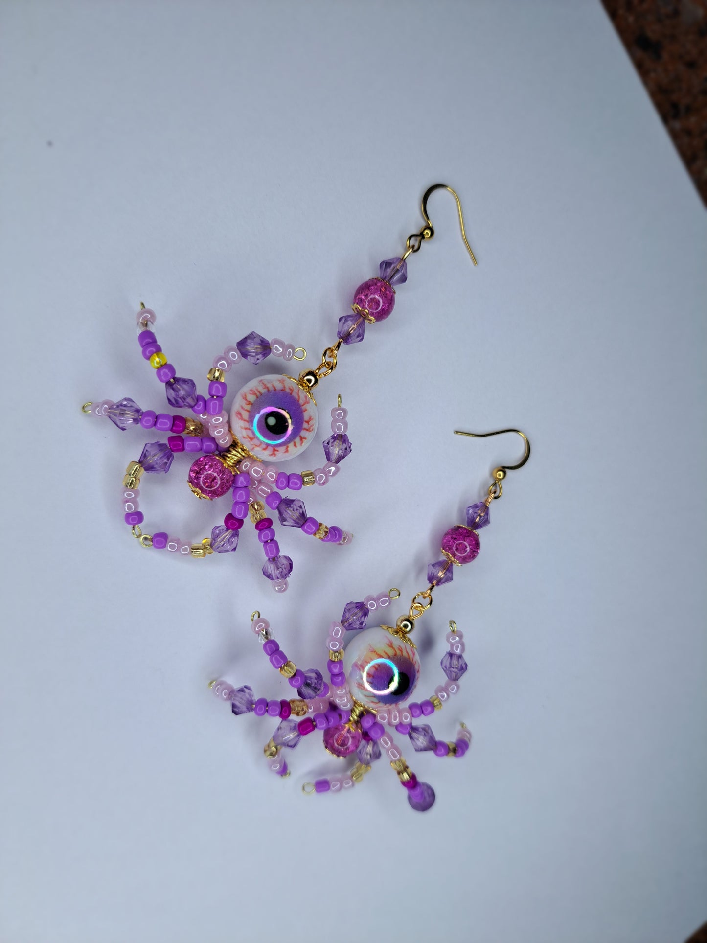 Purple beaded eyeball spider gold tone s925 sterling silver earrings
