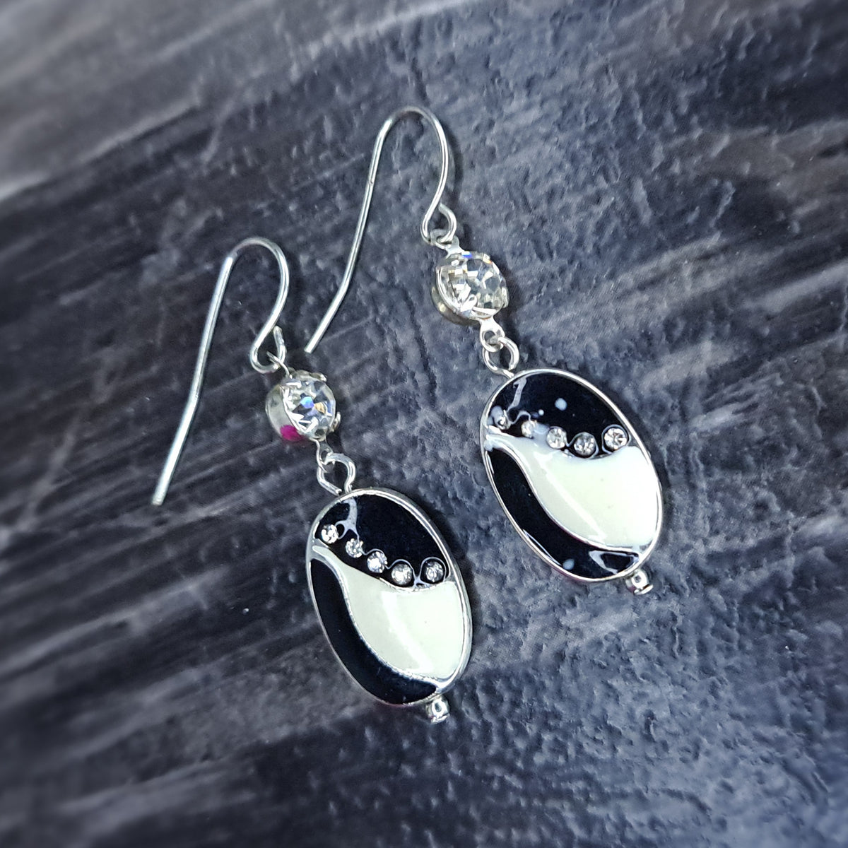 Black, white & silver beaded stainless steel earrings