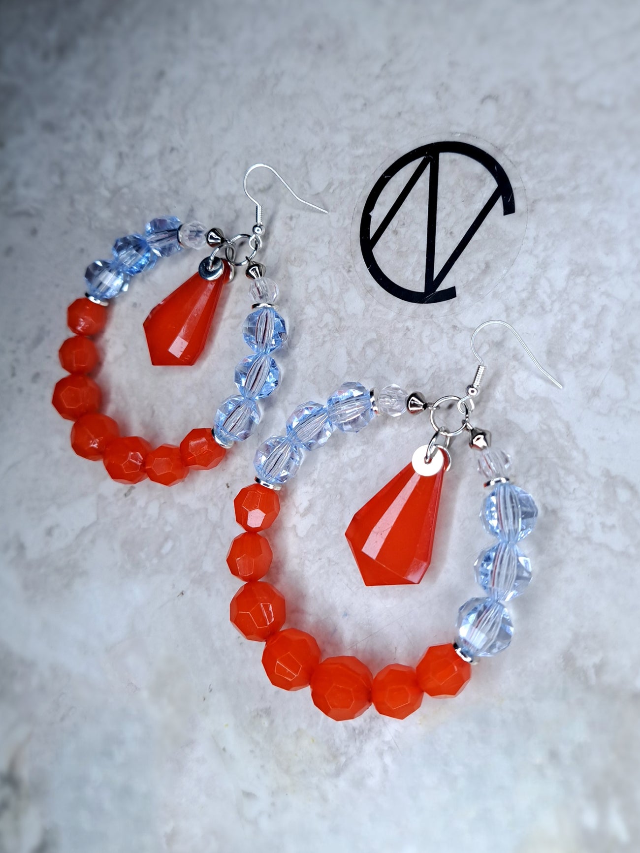 Blood orange and Blue Beaded Hoop Earrings