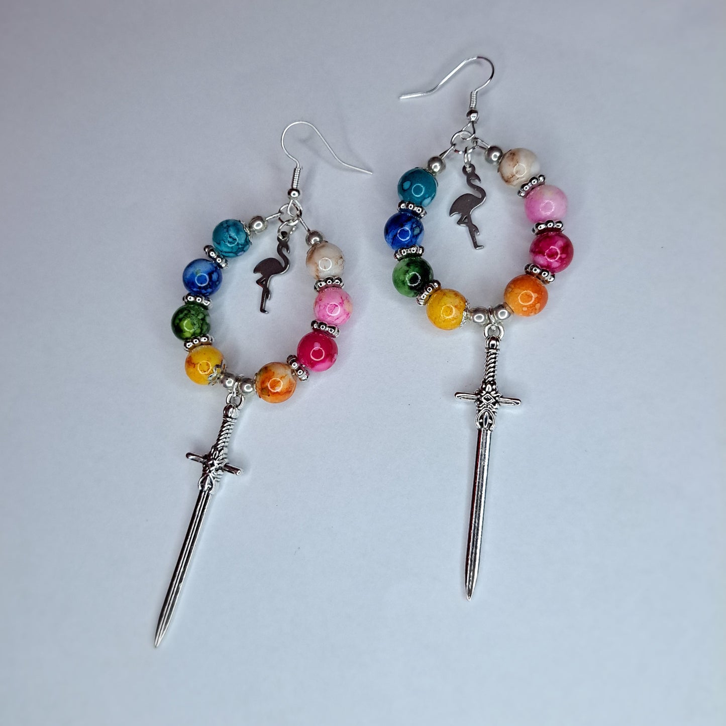 rainbow beaded stainless steel hoop sword earrings