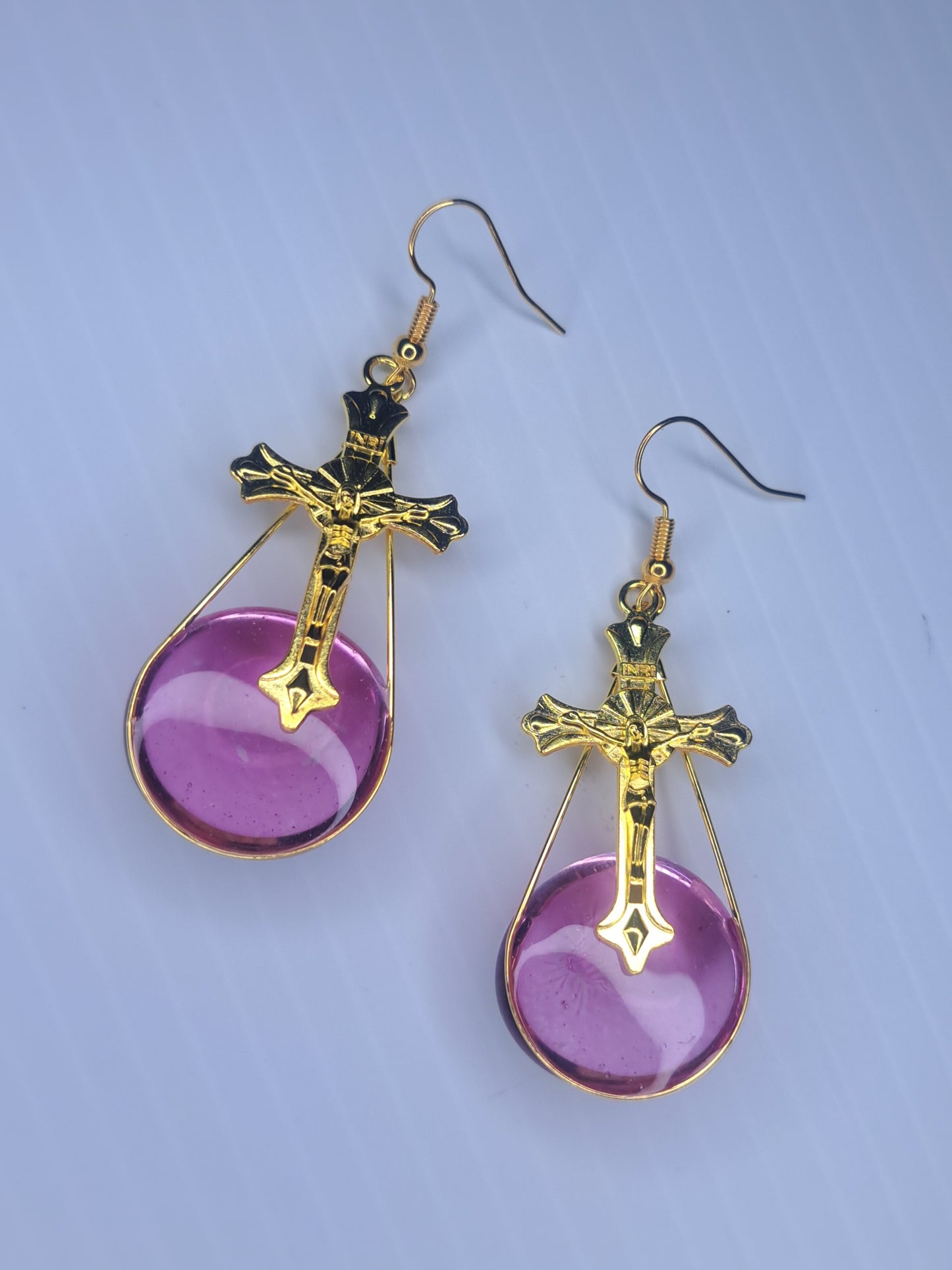 Pink glass beaded gold tone cross stainless steel earrings