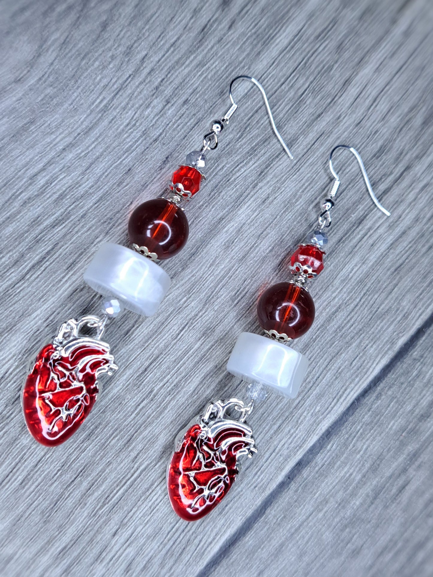 Red, white and silver beaded heart dangly stainless steel earrings