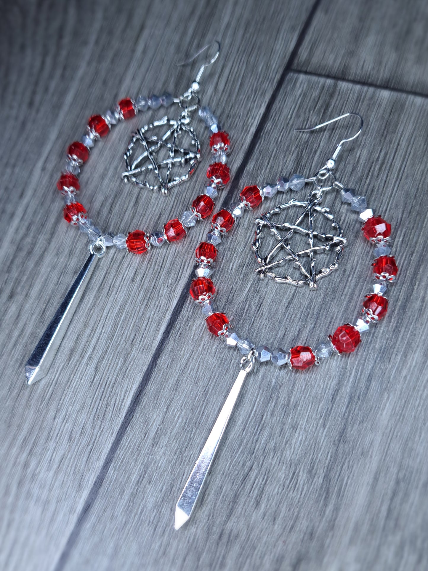Red & silver beaded pentagram stainless steel sword hoop earrings