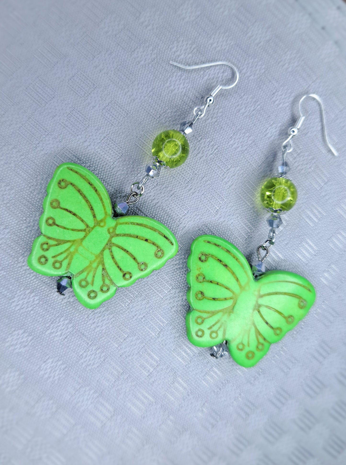 Green howlite butterfly stainless steel earrings