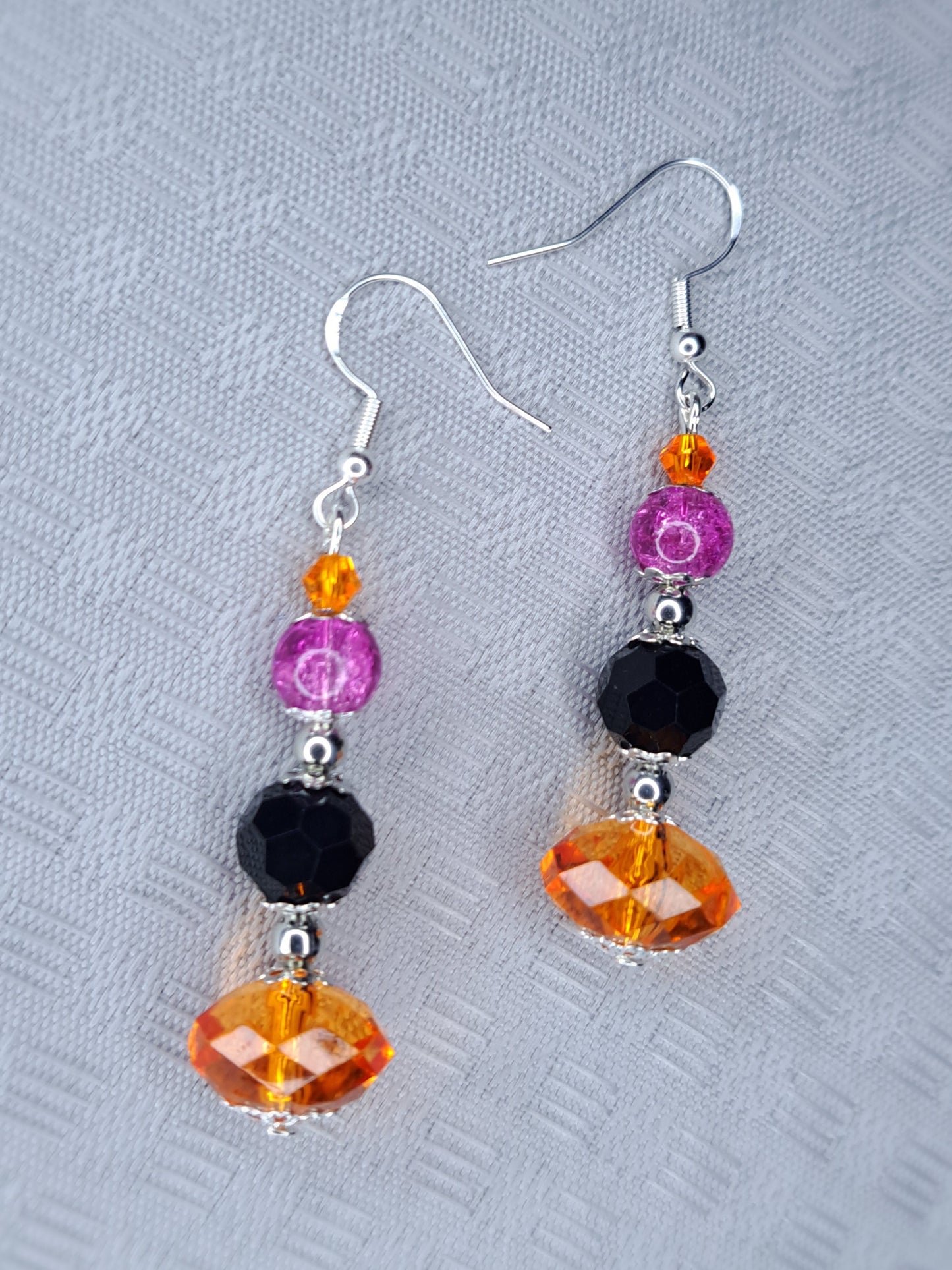 Black, orange and purple beaded s925 sterling silver earrings