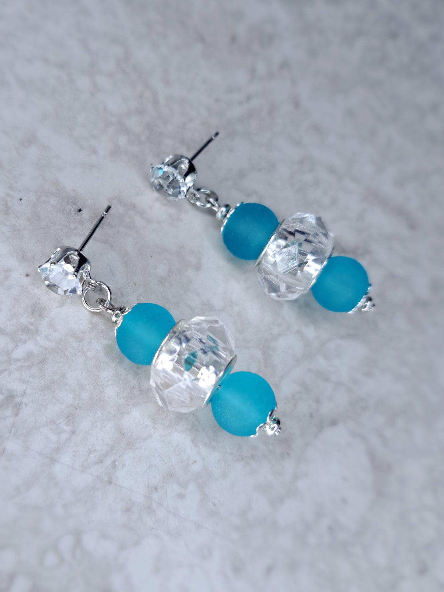 White glass beaded & blue glass stainless steel earrings