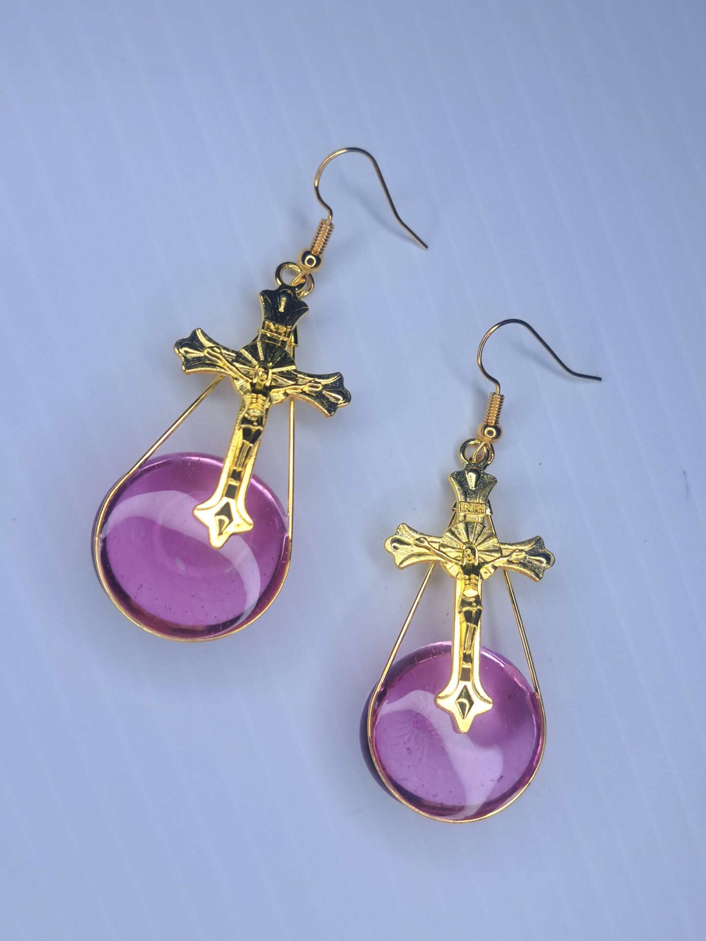 Pink glass beaded gold tone cross stainless steel earrings
