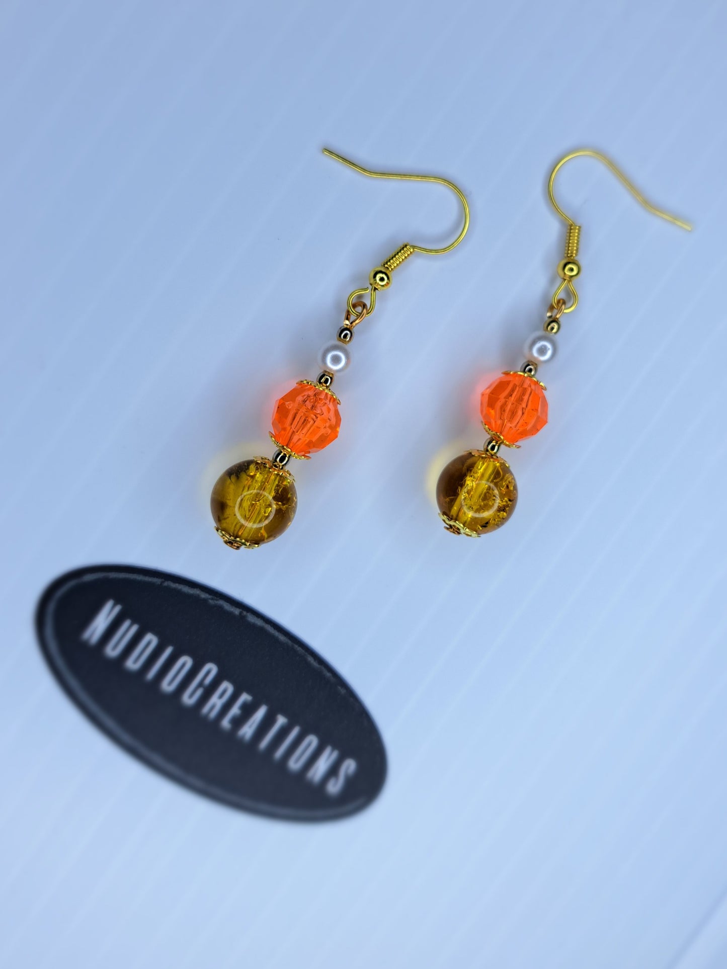 Candy corn gold tone stainless steel beaded dangle earrings