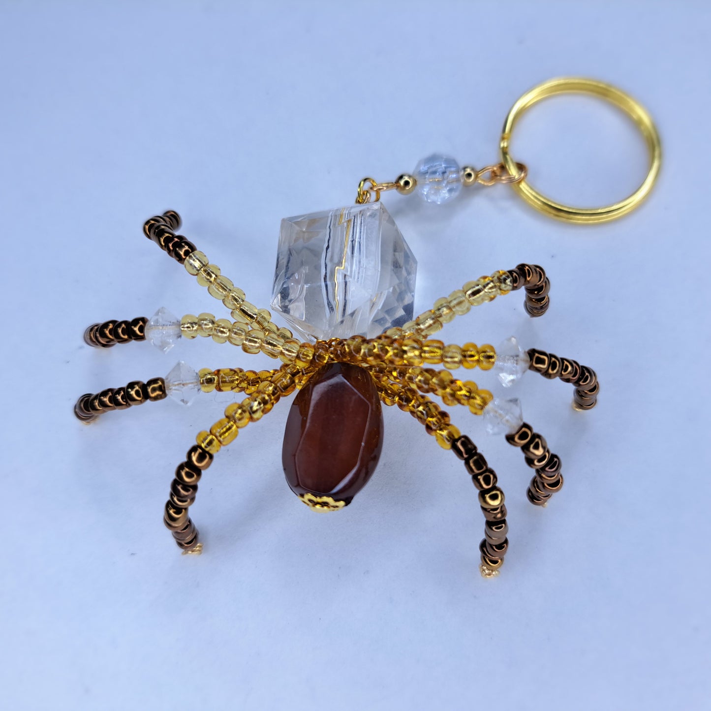 brown, gold and clear Beaded spider keychain