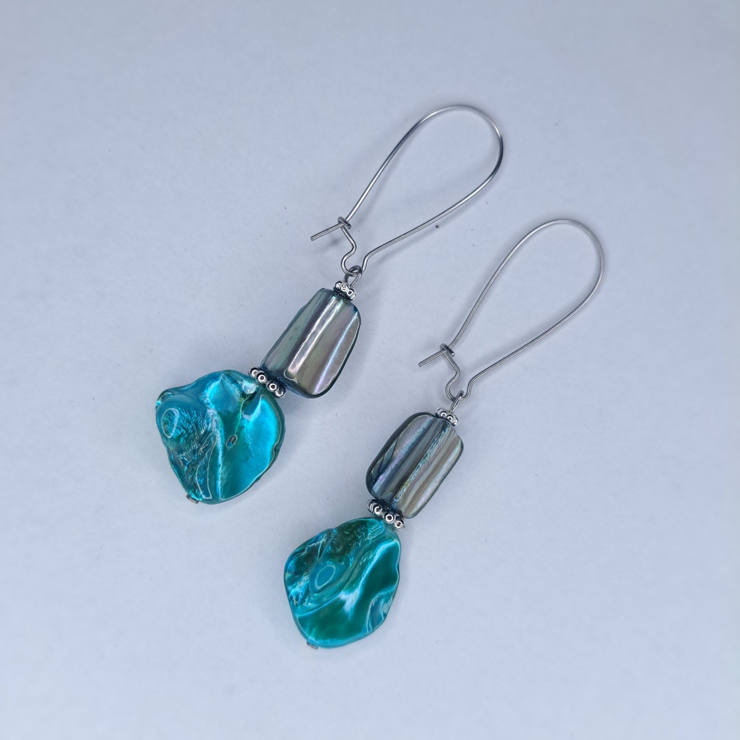 Blue mother of pearl beaded stainless steel earrings