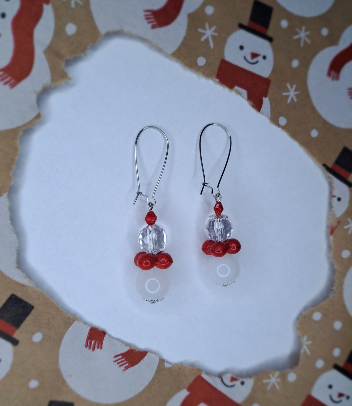 Red and white beaded stainless steel earrings