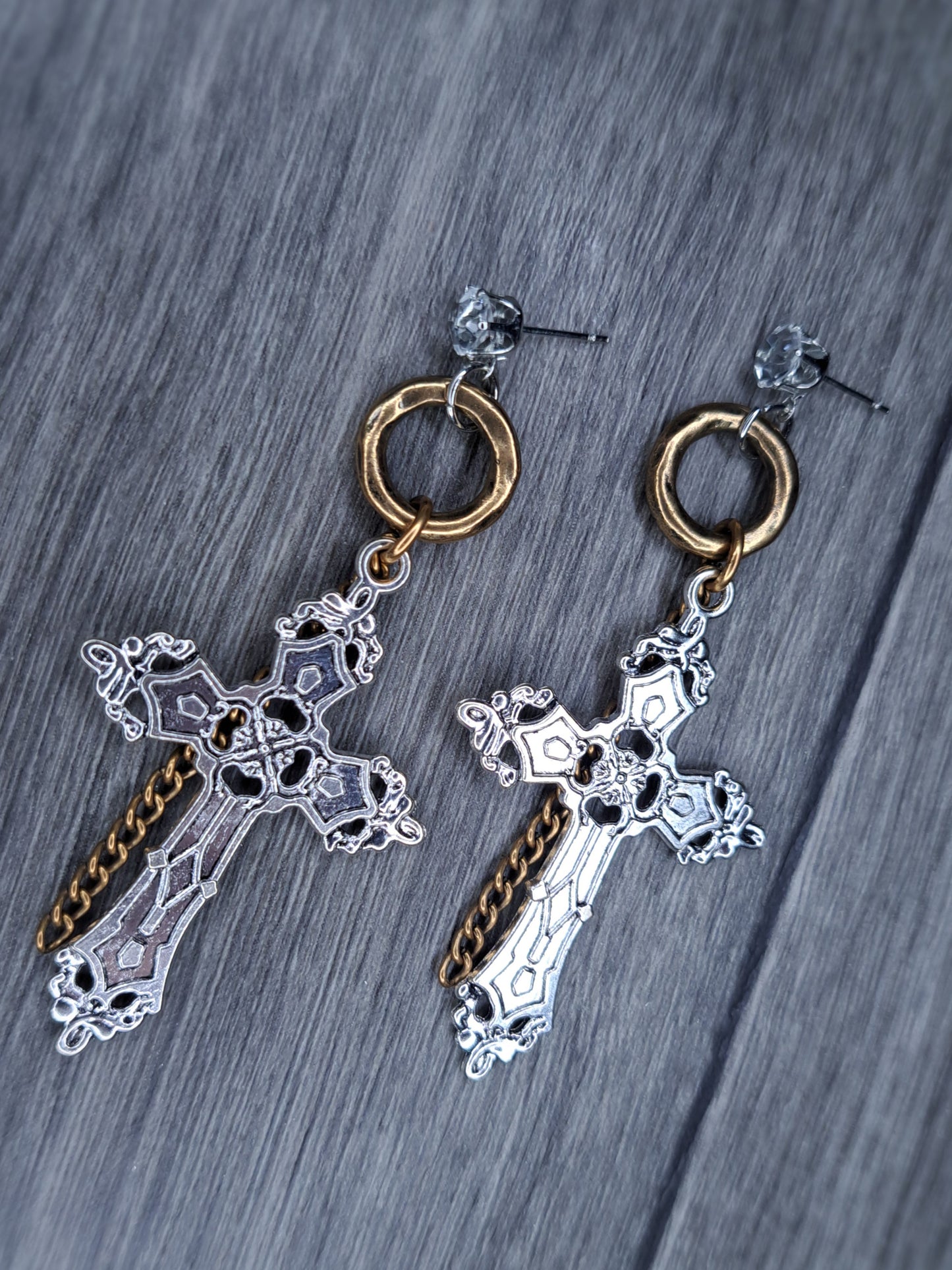 Silver and bronze stainless steel diamond earrings