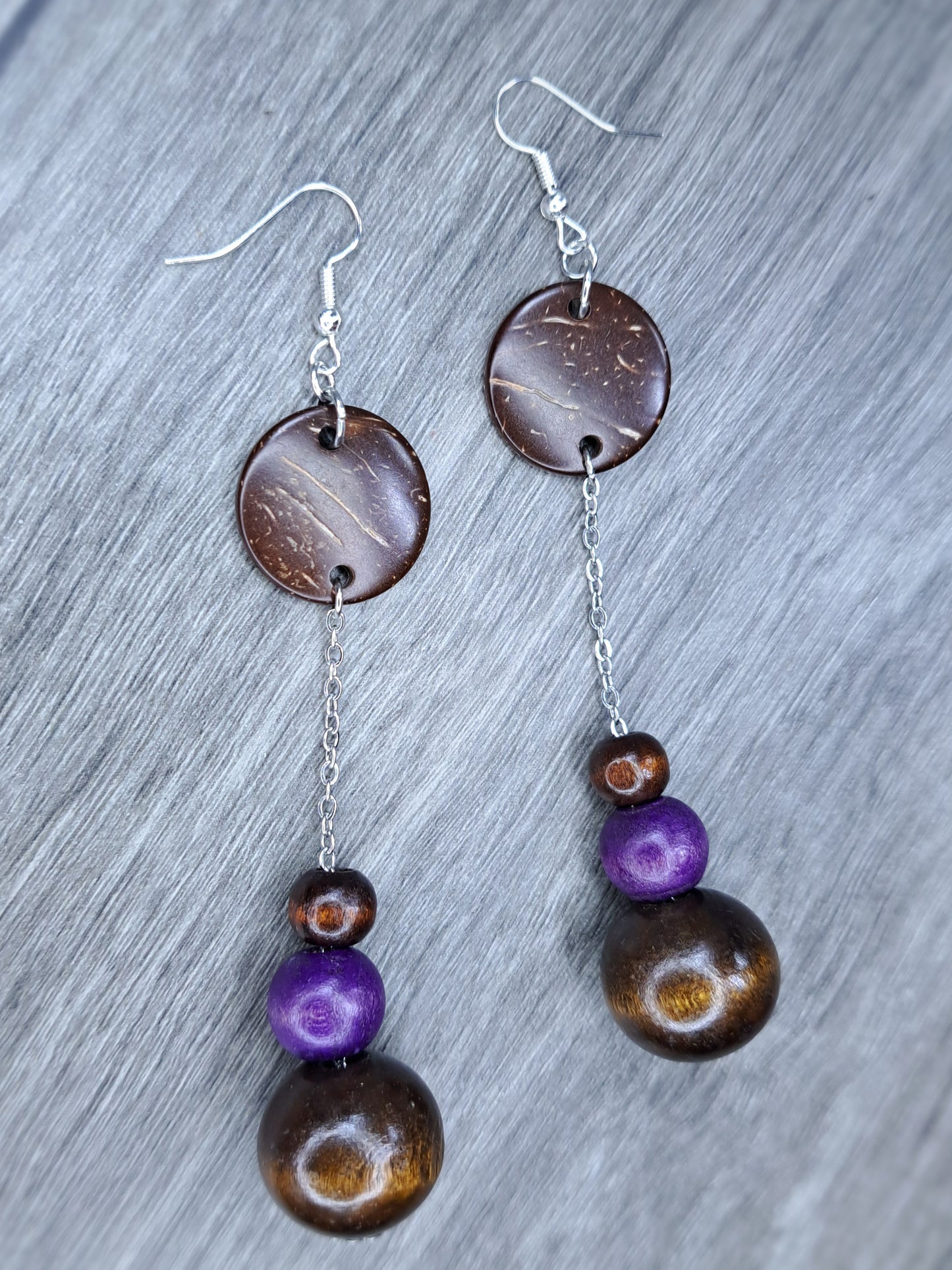 Brown and purple wood beaded stainless steel chain earrings