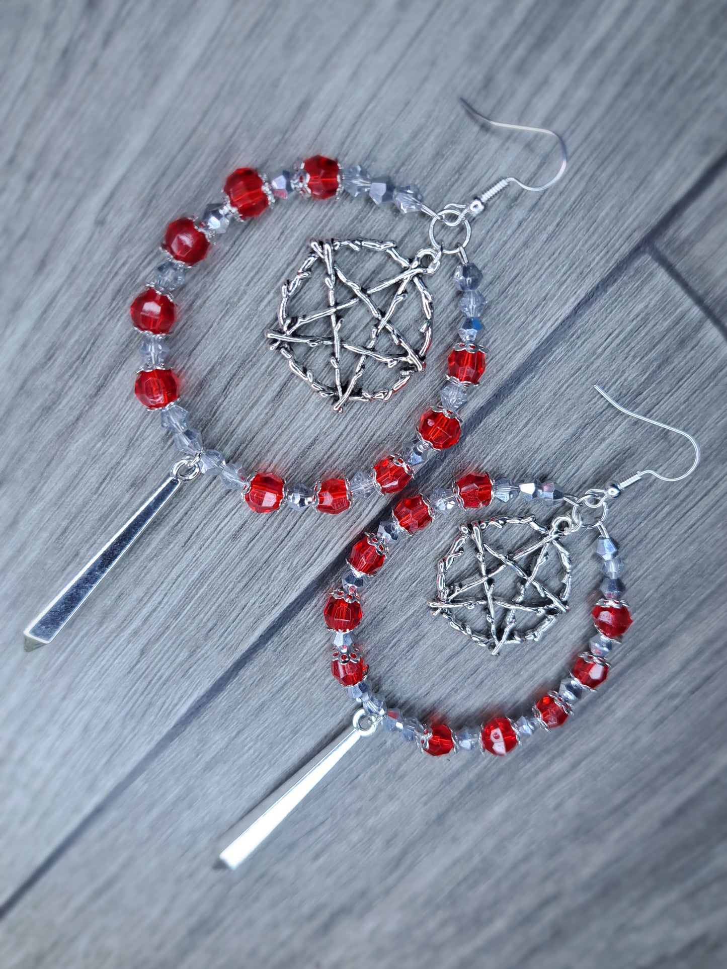 Red & silver beaded pentagram stainless steel sword hoop earrings