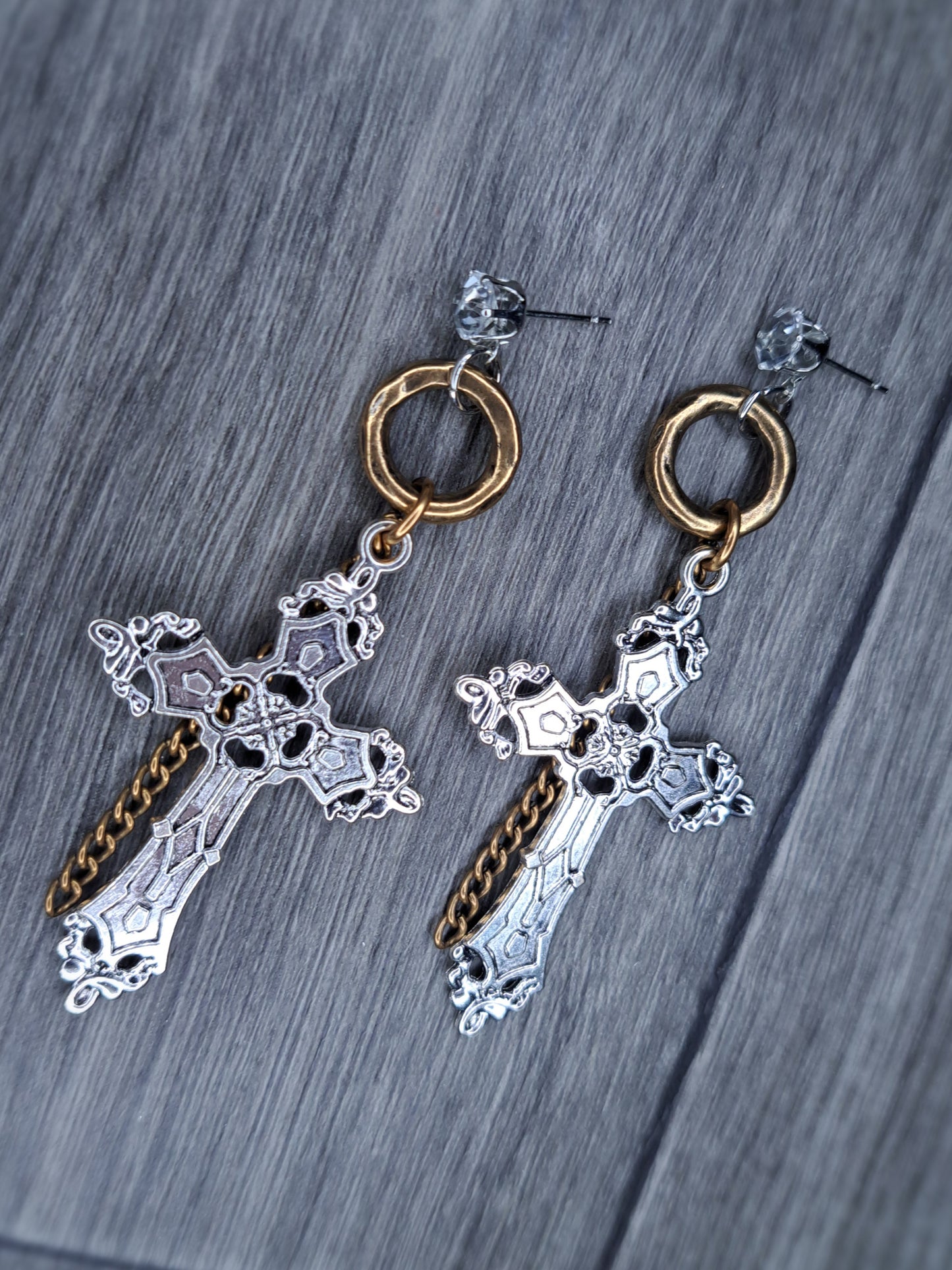 Silver and bronze stainless steel diamond earrings