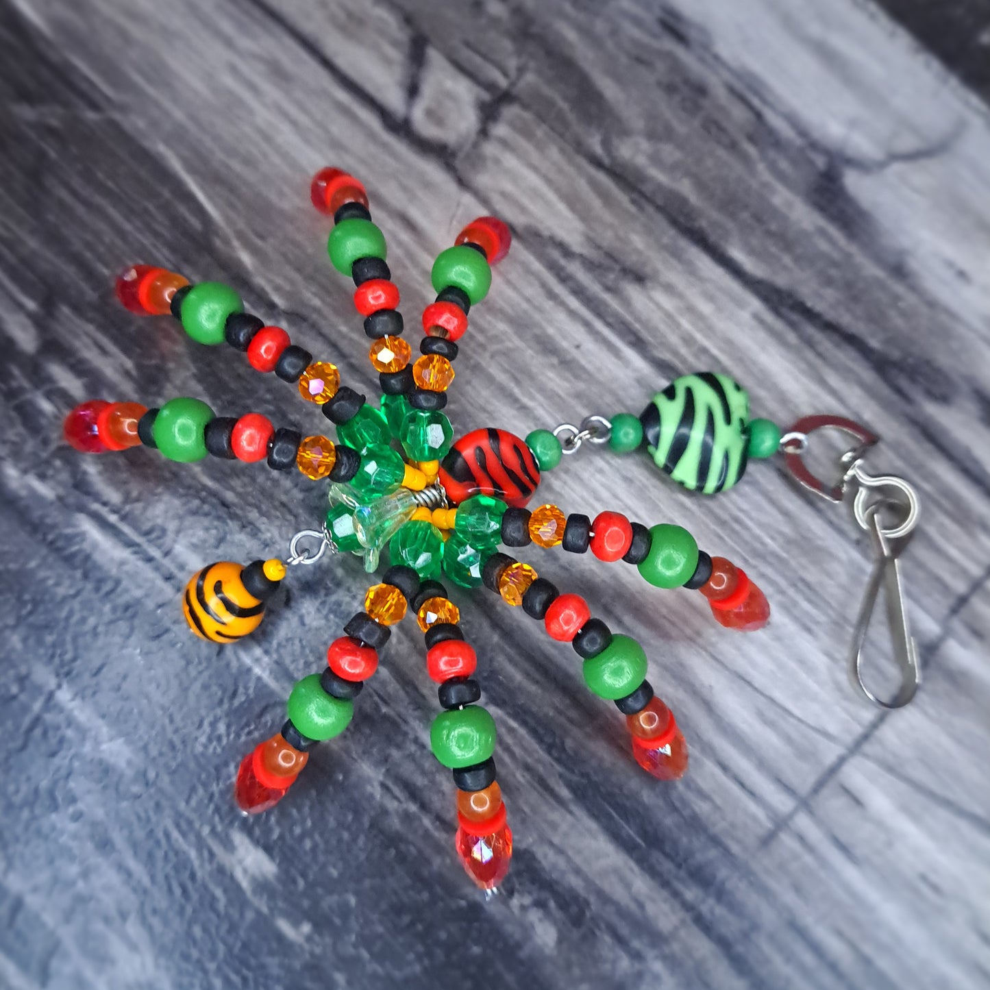 Red, green and orange Beaded spider keychain