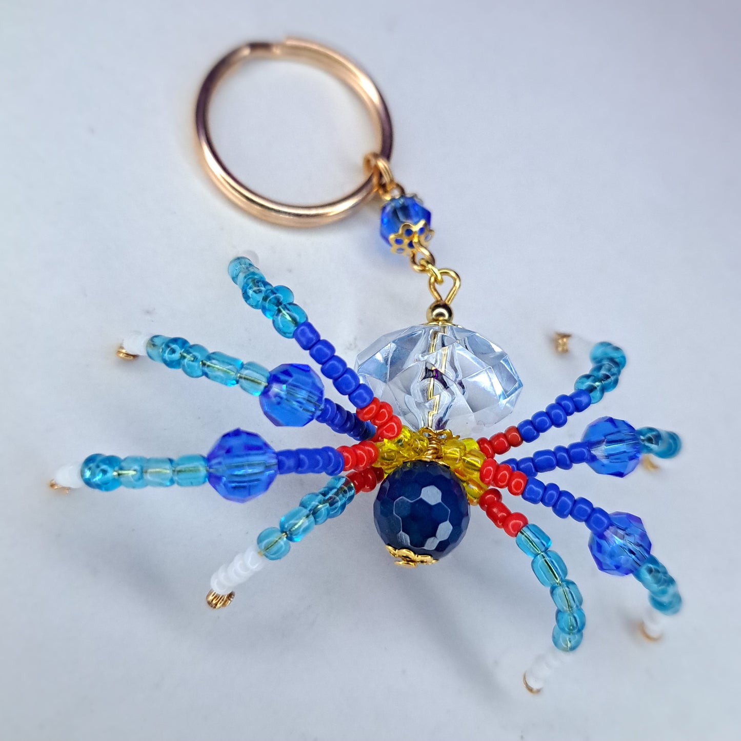 Blue, yellow and red Beaded spider keychain
