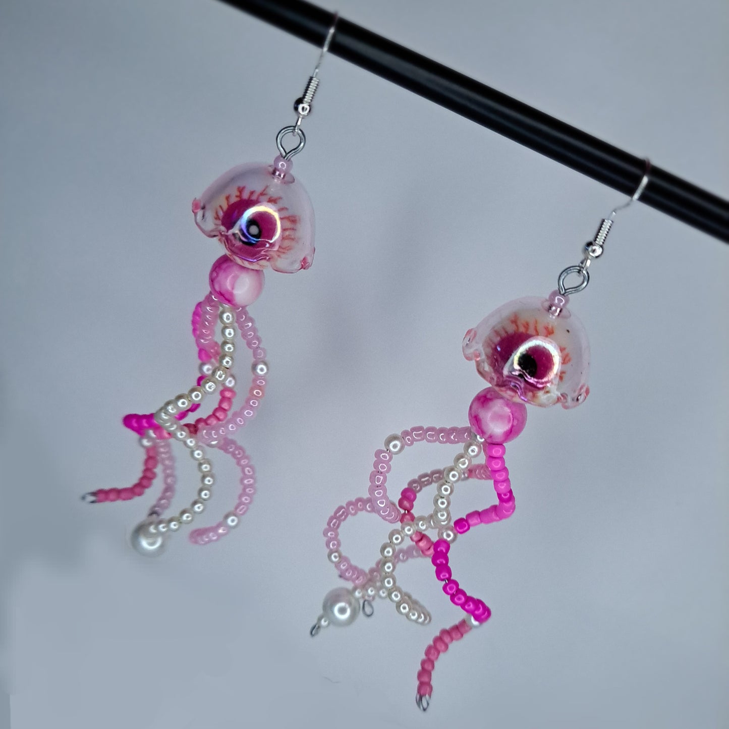 Pink eyeball Jellyfish beaded stainless steel earrings
