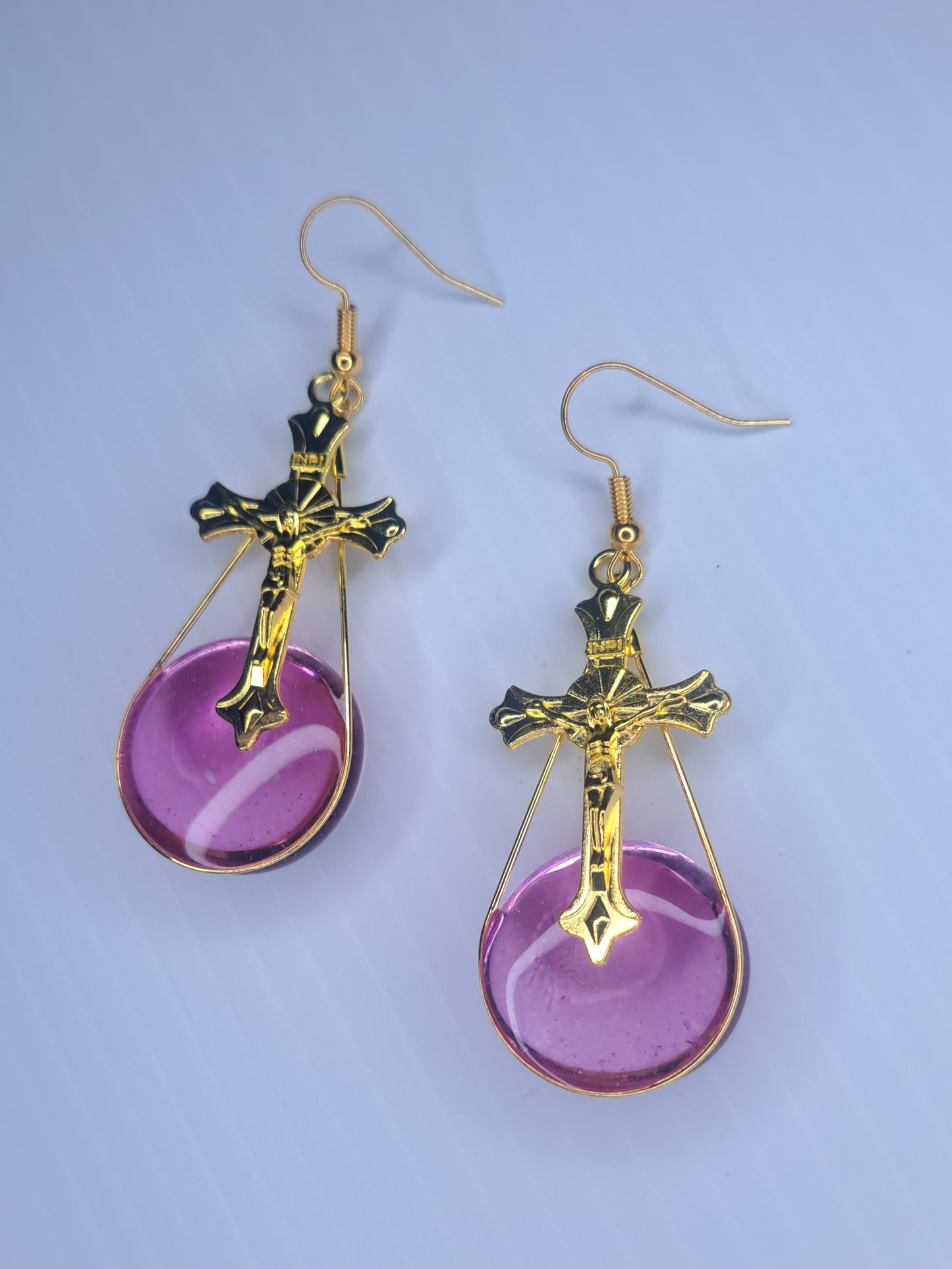Pink glass beaded gold tone cross stainless steel earrings
