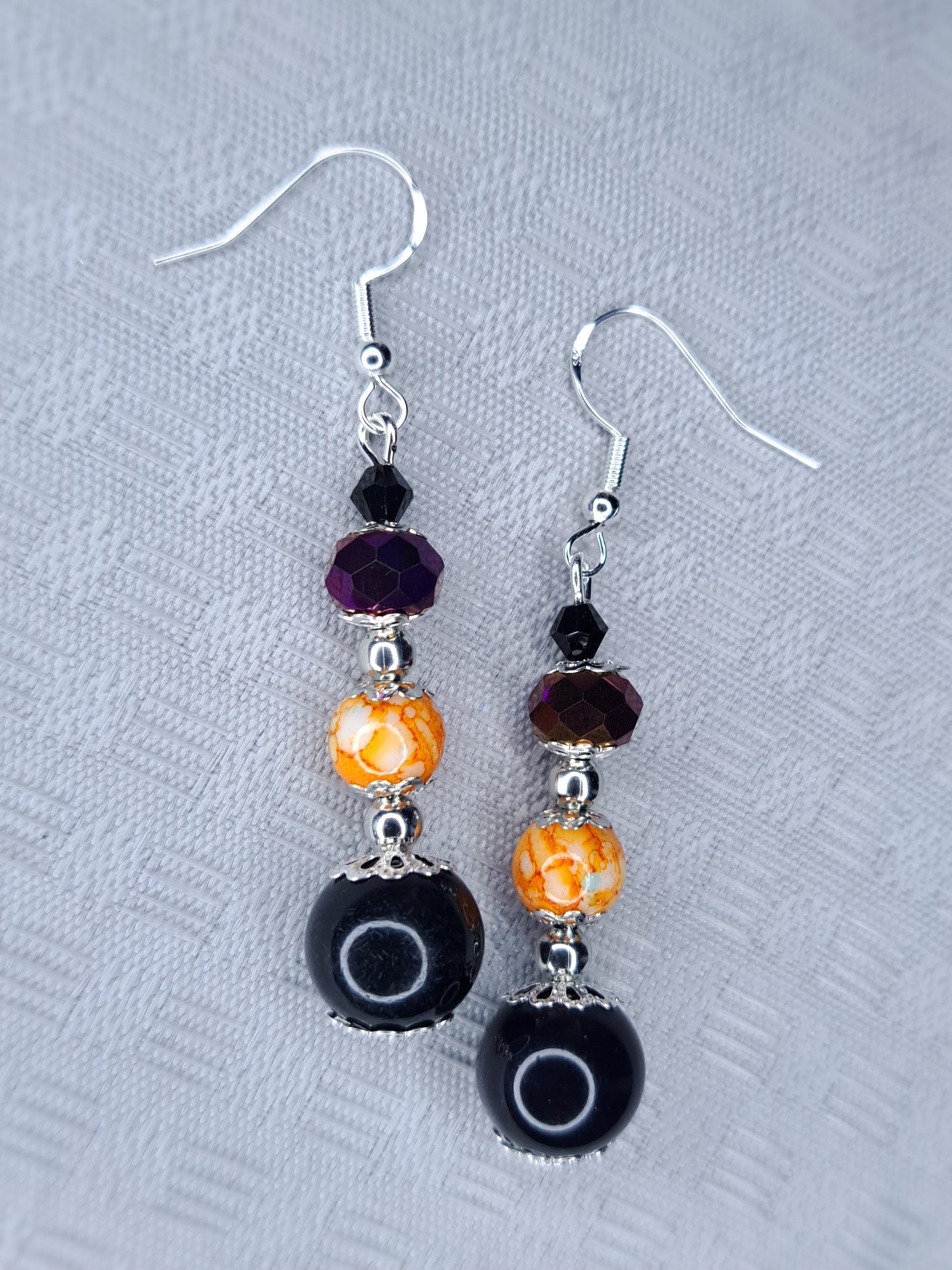 Black, orange and purple beaded s925 sterling silver earrings