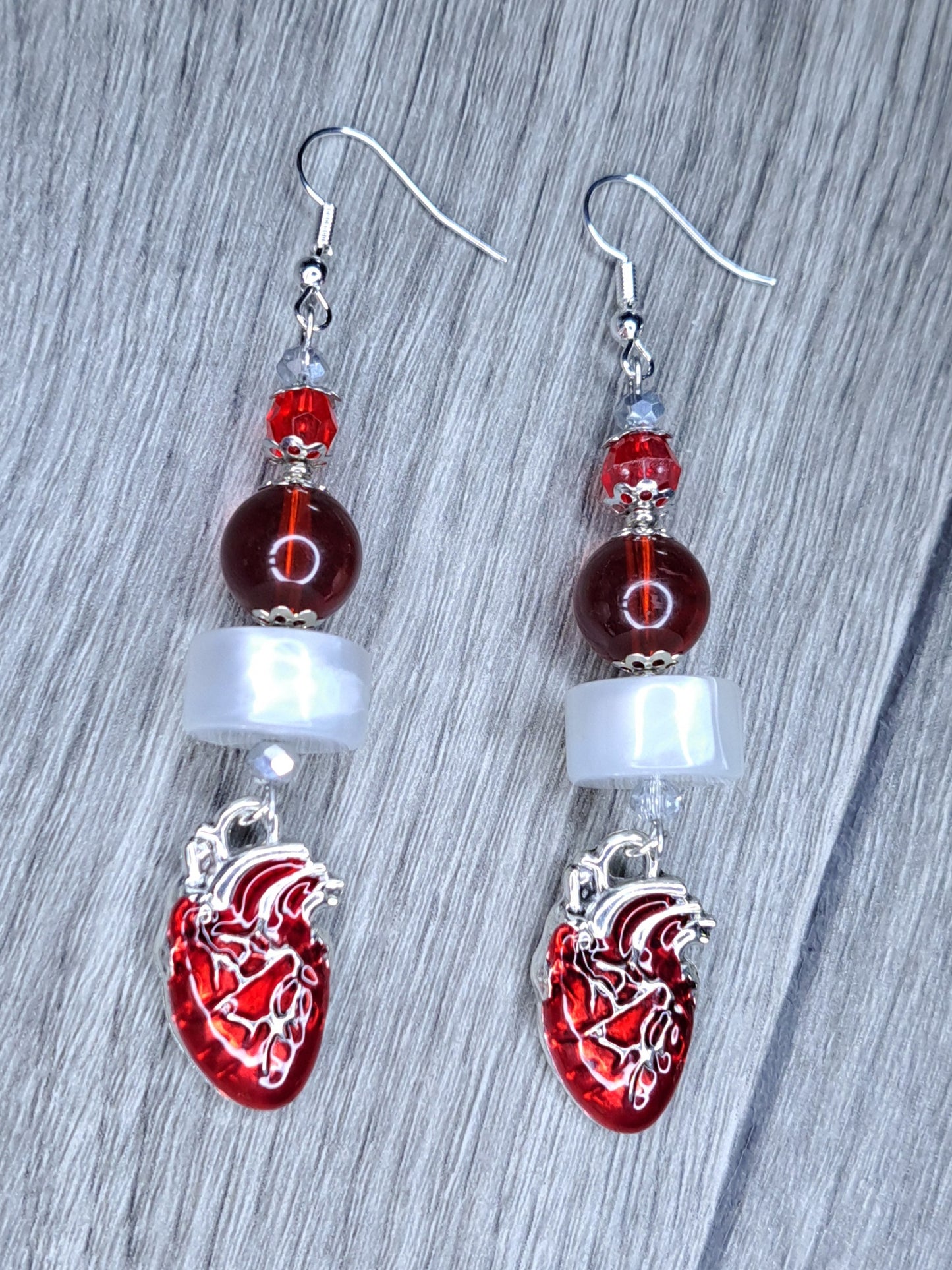 Red, white and silver beaded heart dangly stainless steel earrings