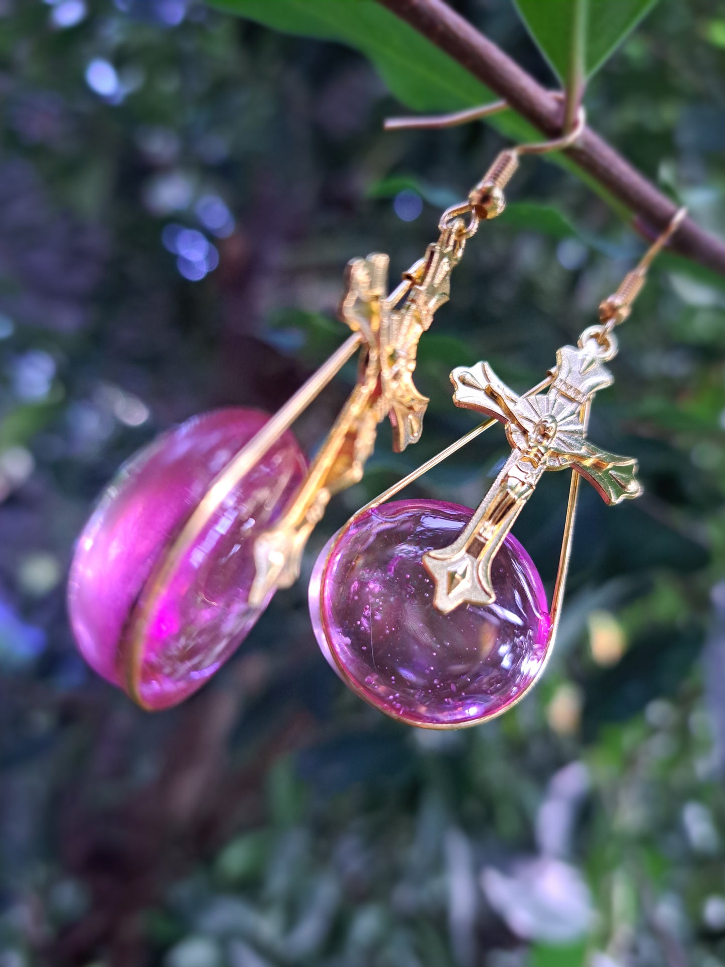 Pink glass beaded gold tone cross stainless steel earrings