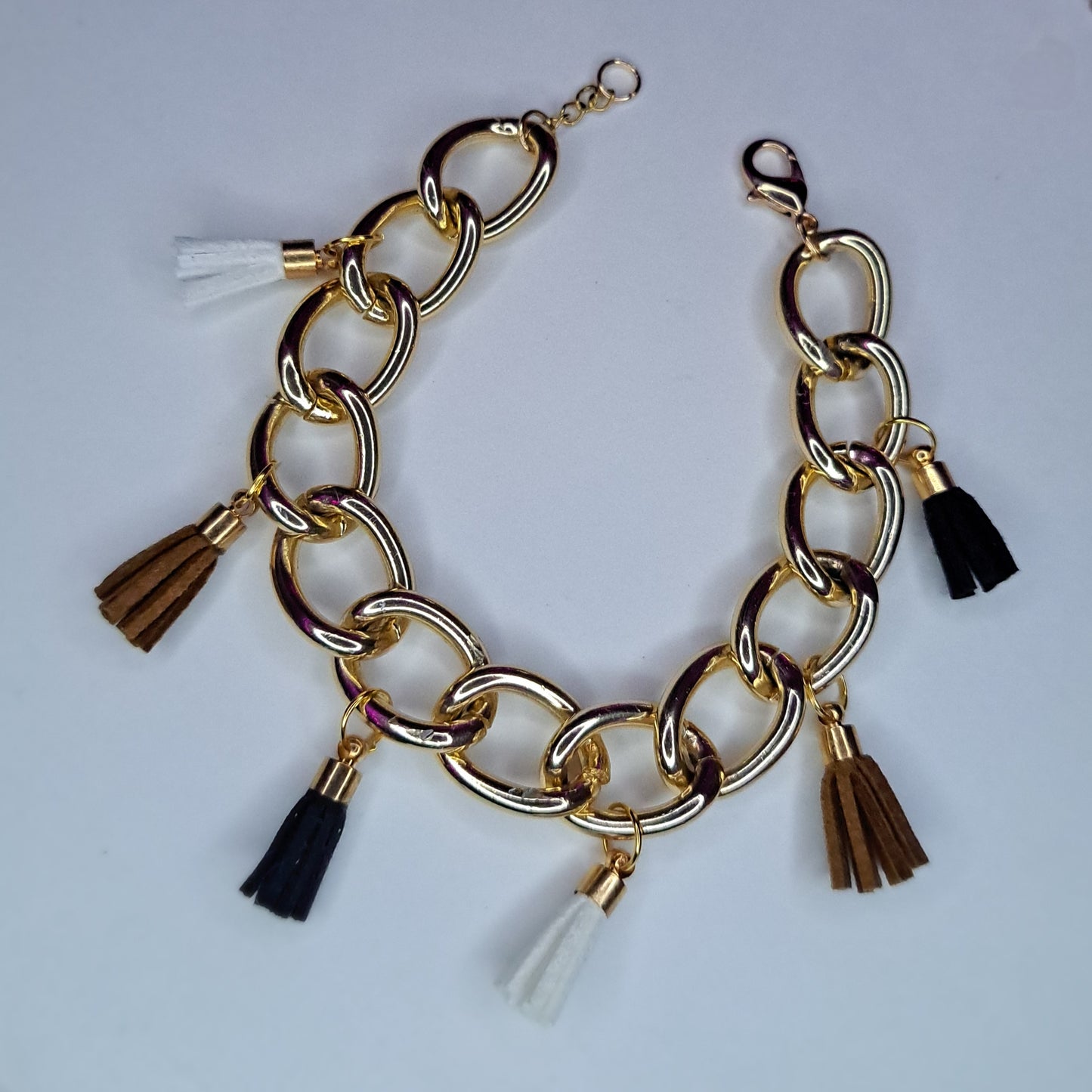Leather tassel gold chain charm bracelet