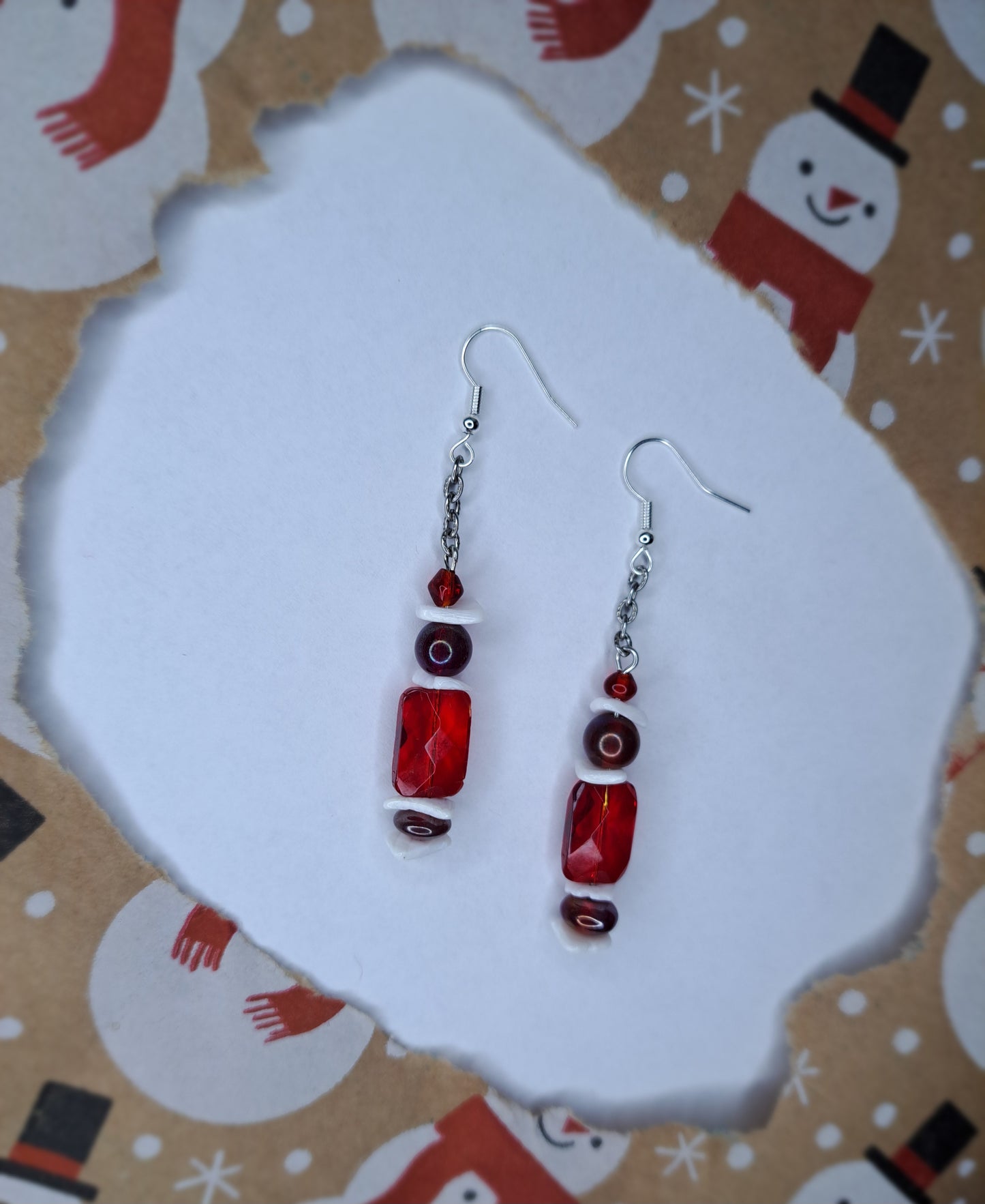 Red and white beaded stainless steel earrings