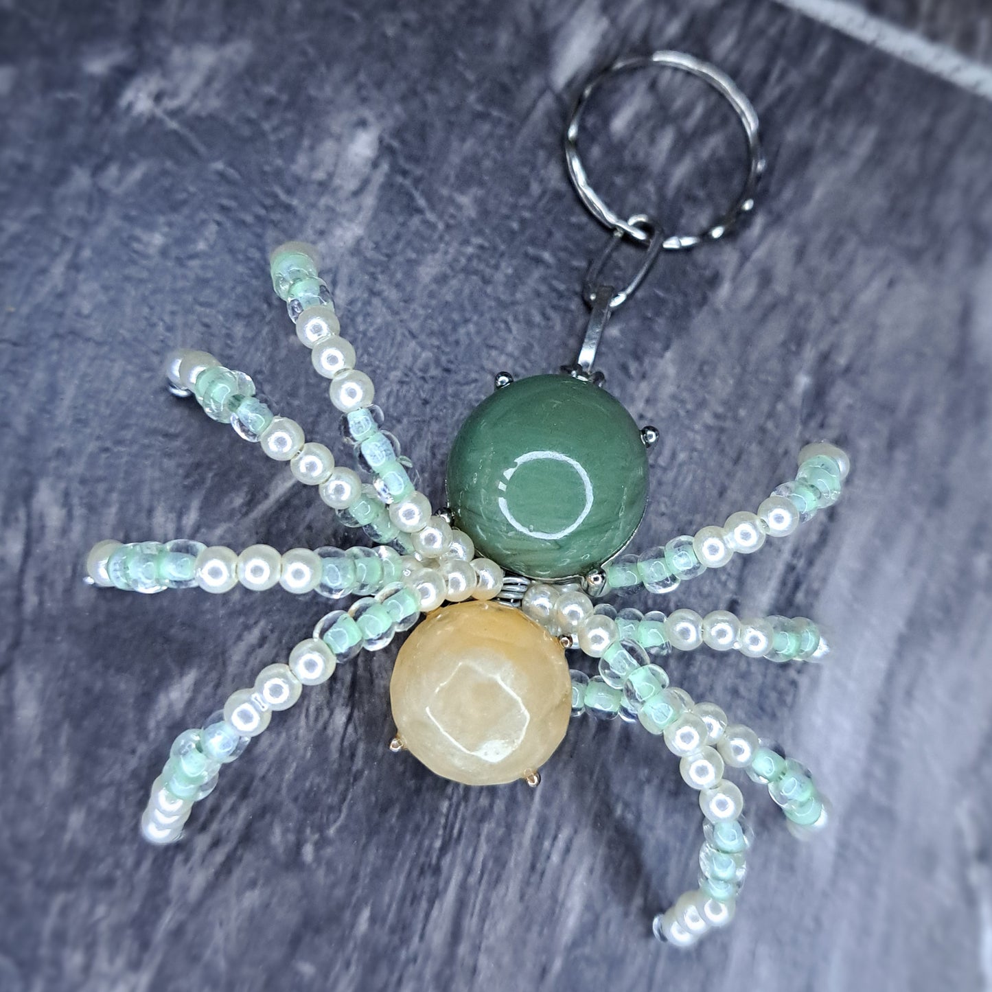 Tan & olive Beaded spider keychain