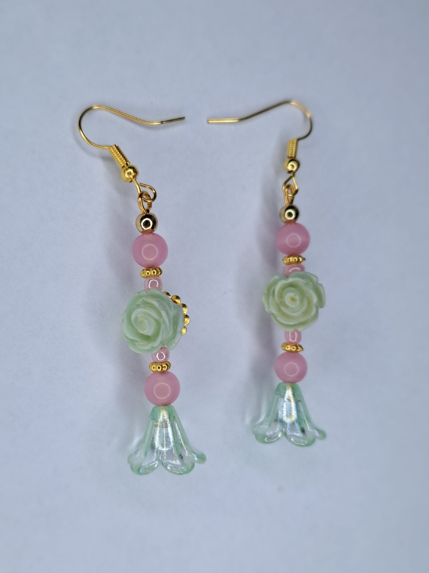 Pink and green gold tone beaded stainless steel earrings