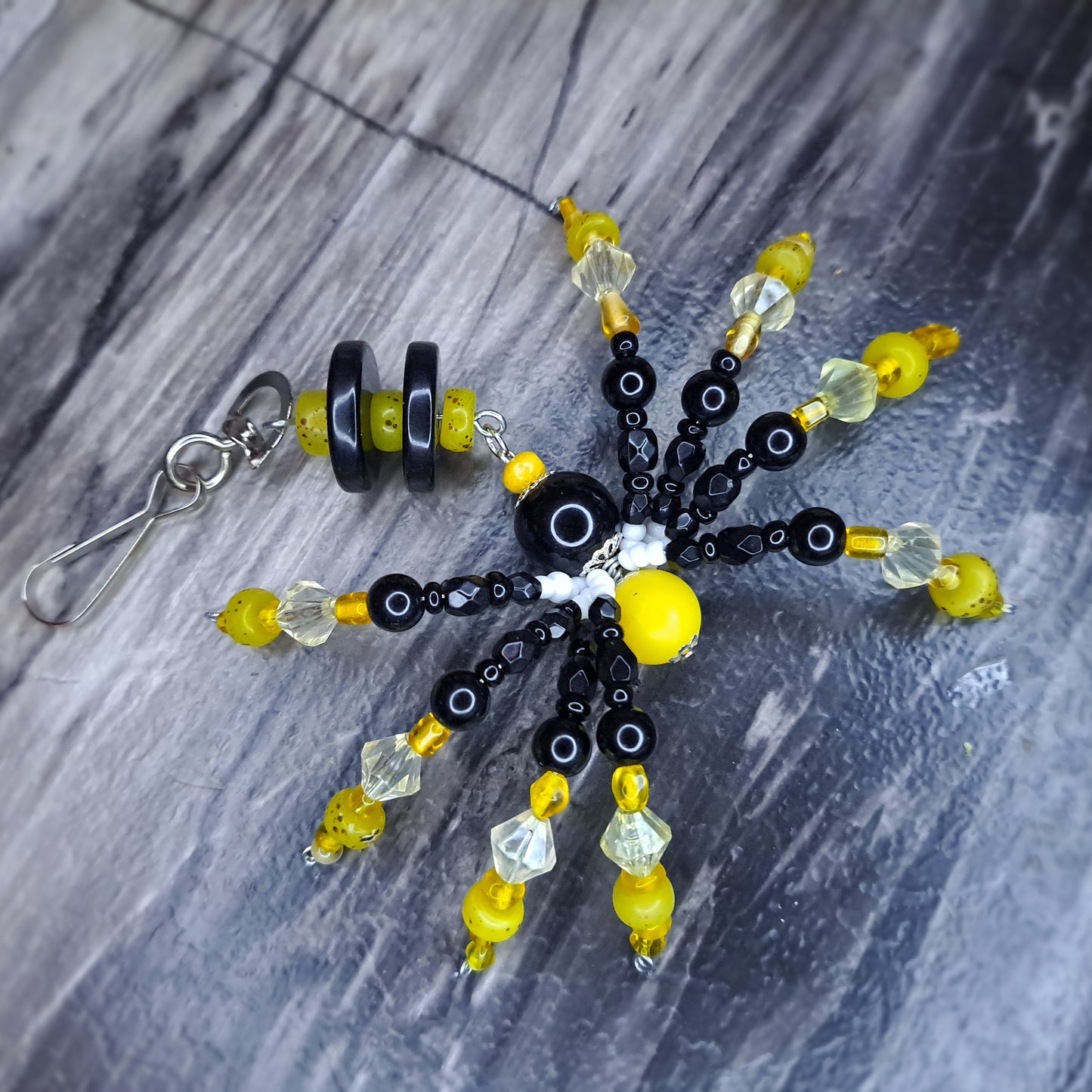 Yellow white and black Beaded spider keychain