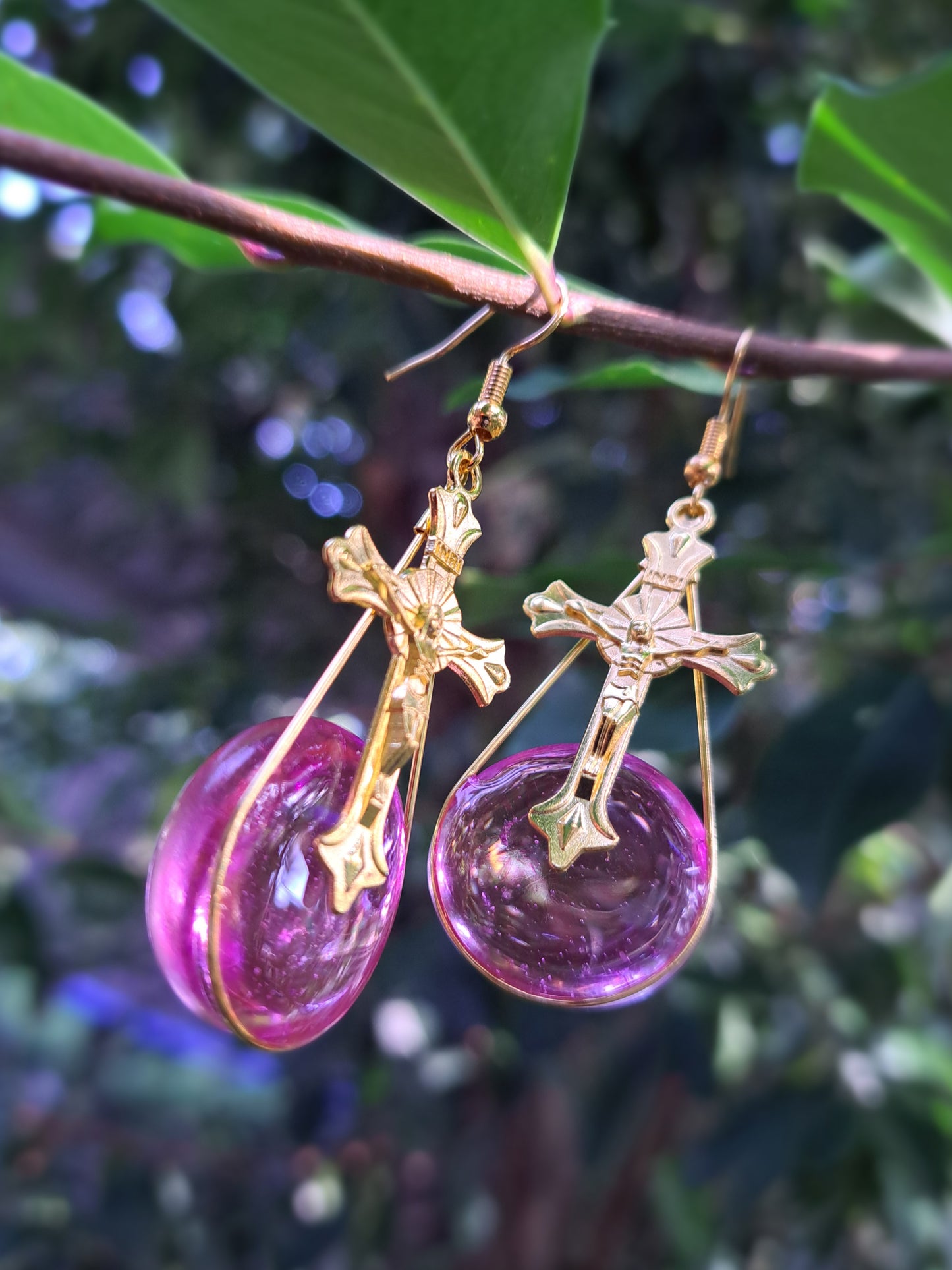 Pink glass beaded gold tone cross stainless steel earrings
