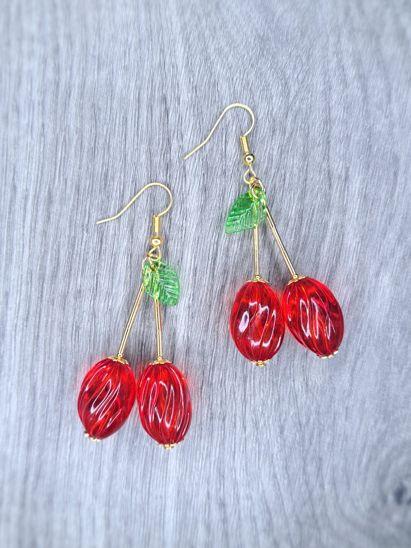 Candy cherry gold tone stainless steel dangle earrings