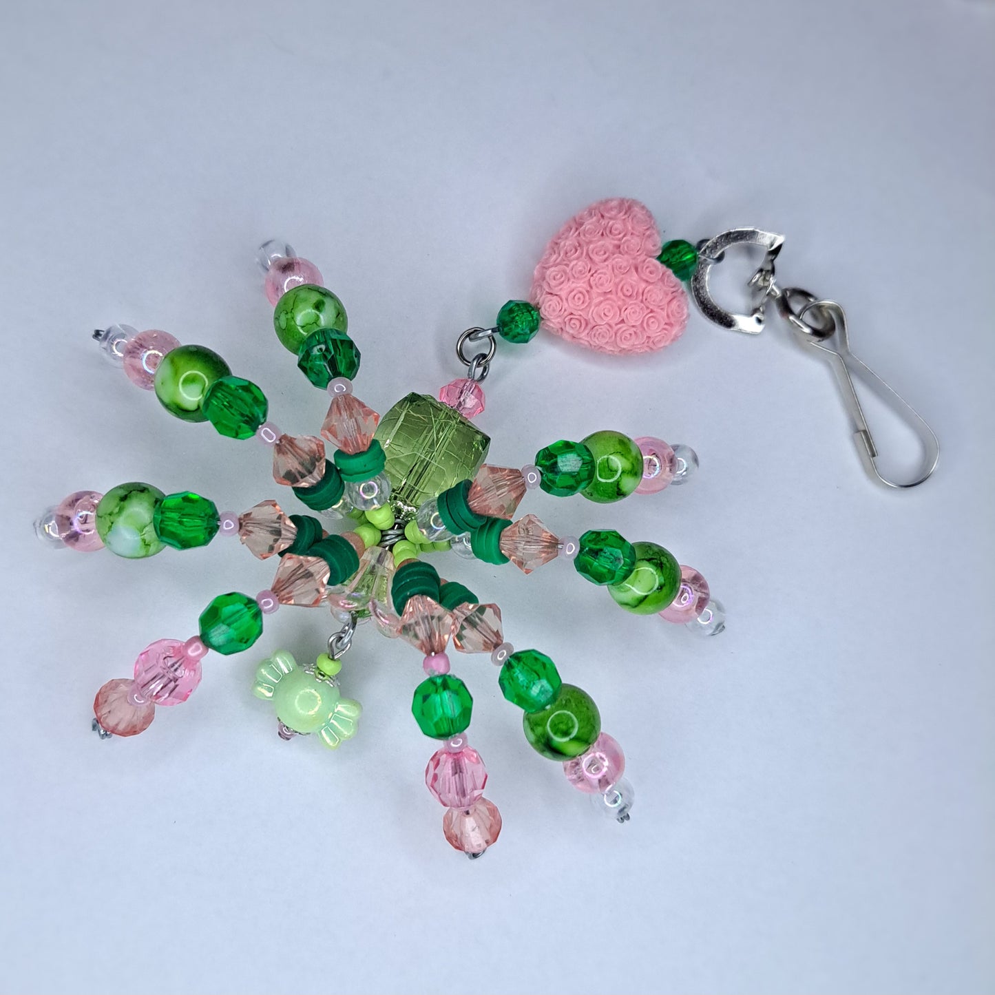 Pink and green heart Beaded spider keychain