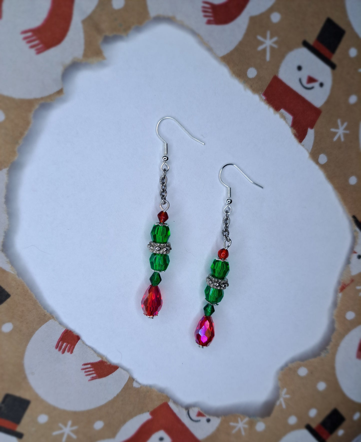Green and red beaded stainless steel earrings