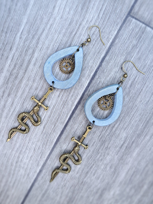Blue wood & bronze sword snake heart hoop earrings