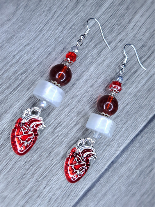 Red, white and silver beaded heart dangly stainless steel earrings