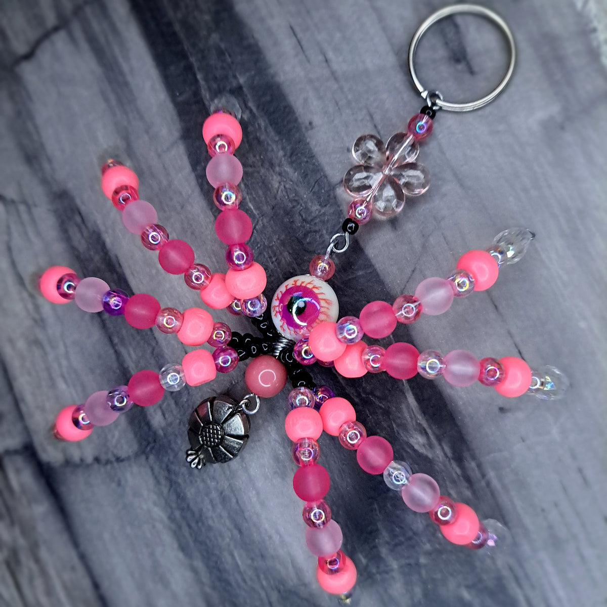 Pink eyeball Beaded spider keychain