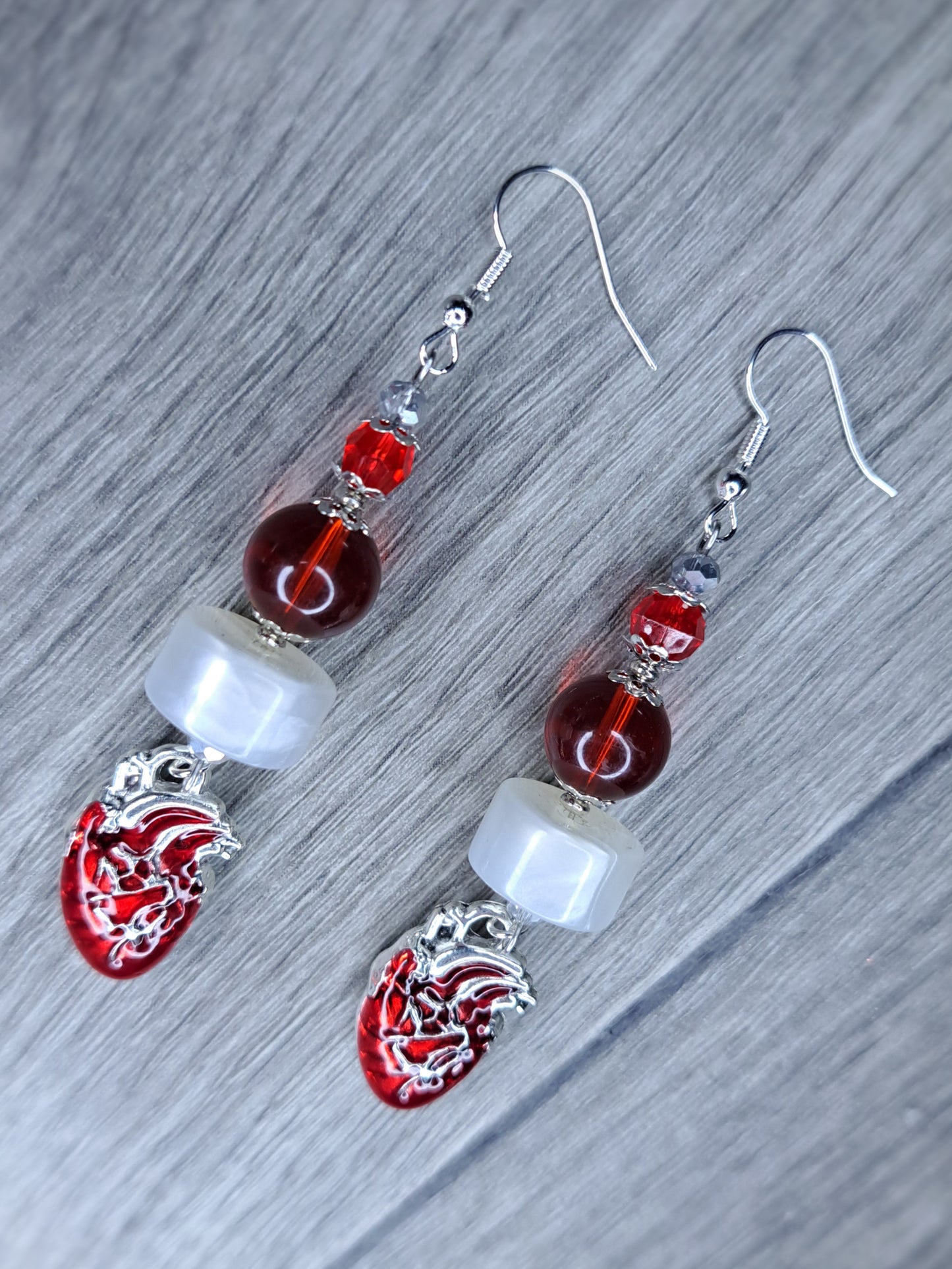 Red, white and silver beaded heart dangly stainless steel earrings