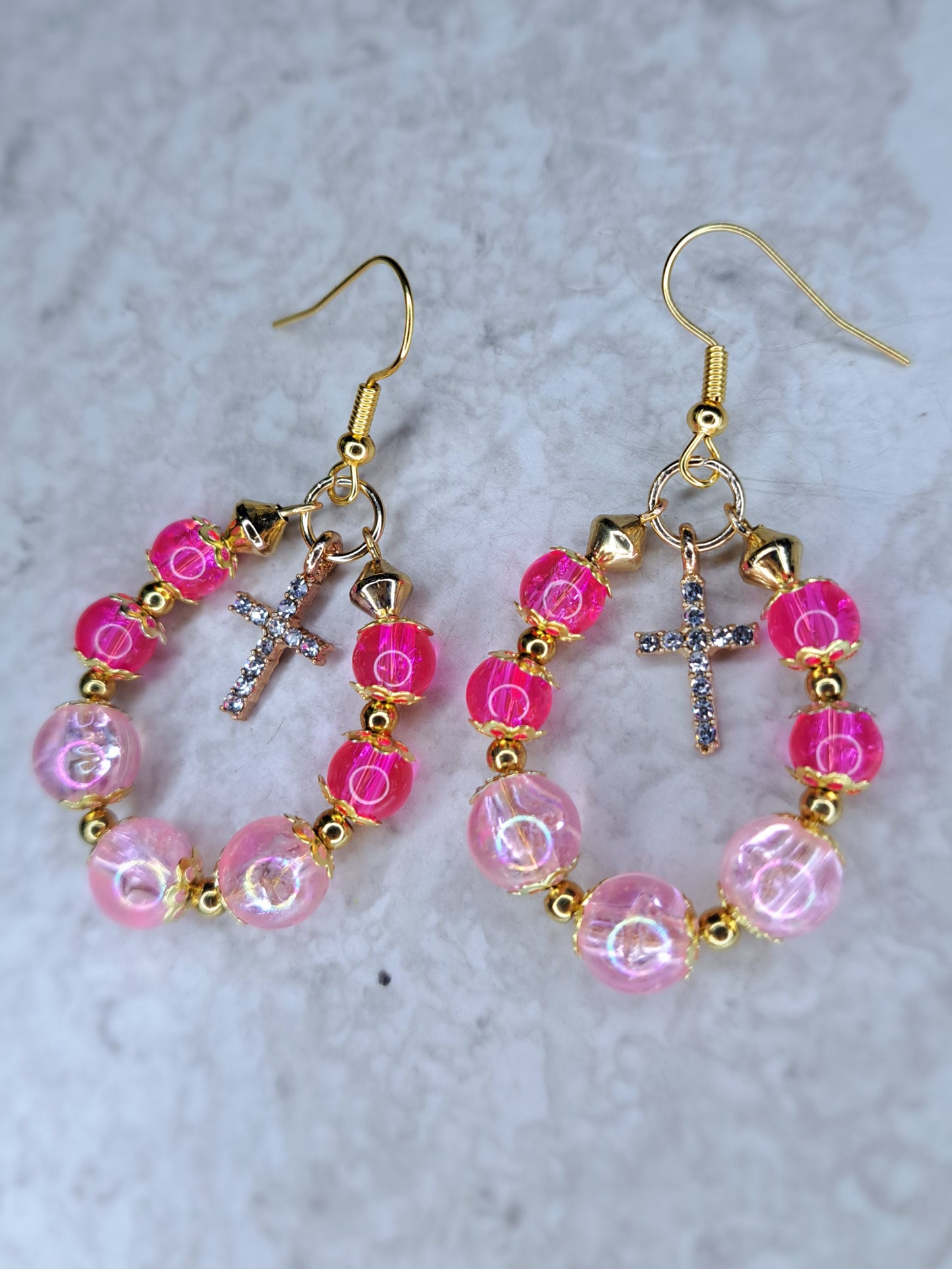 Pink & gold cross earrings Earrings – Handmade/Upcycled Beads & Stainless Steel