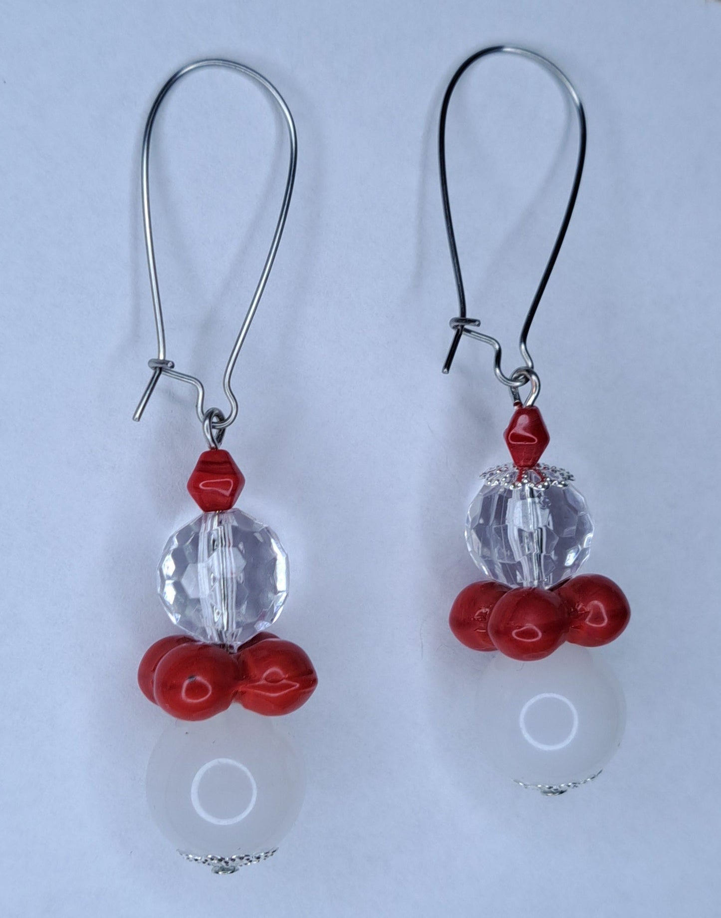 Red and white beaded stainless steel earrings