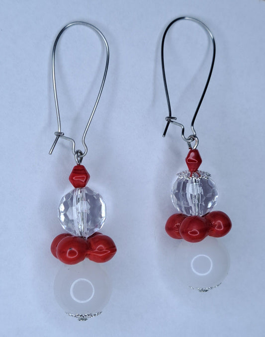Red and white beaded stainless steel earrings