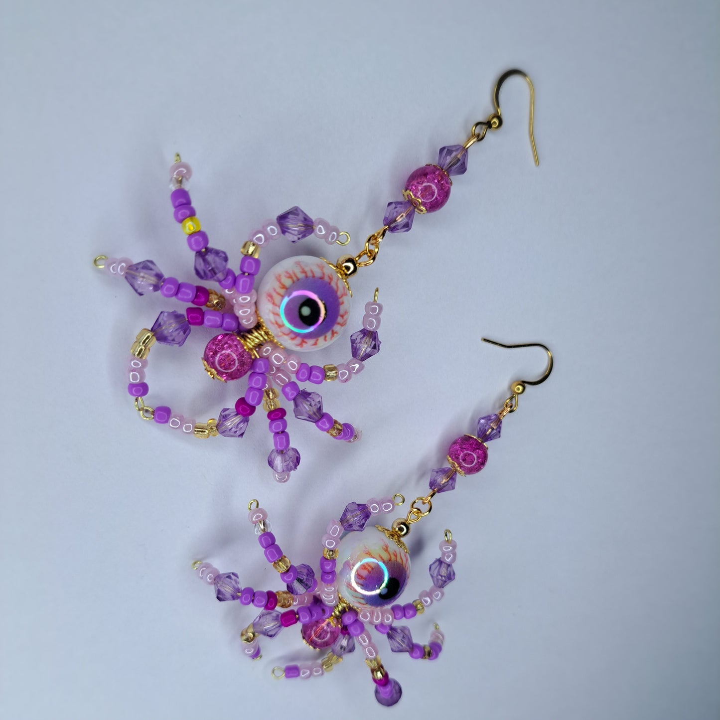 Purple beaded eyeball spider gold tone s925 sterling silver earrings