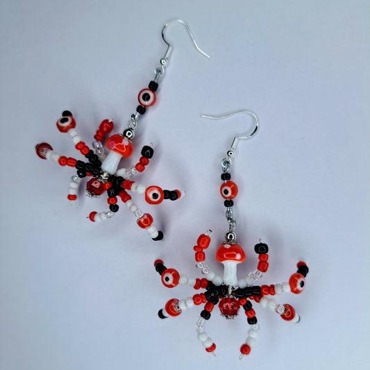 Red beaded mushroom spider s925 sterling silver earrings
