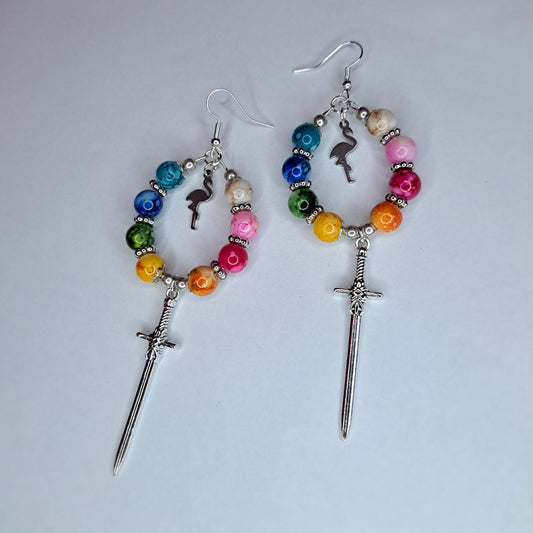 rainbow beaded stainless steel hoop sword earrings