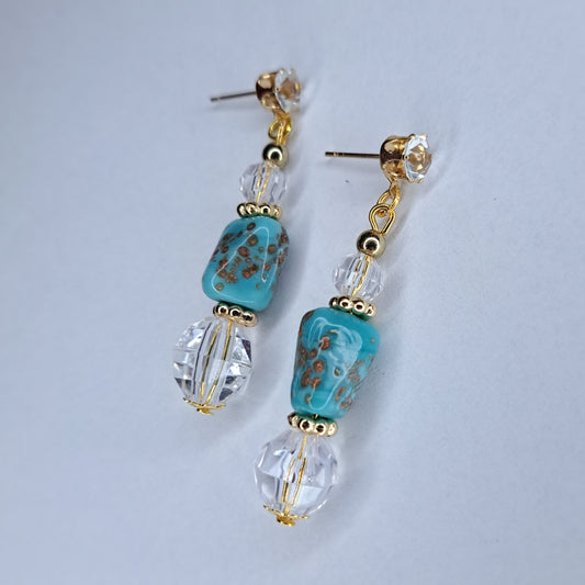 Clear, turquoise, and gold beaded gold tone Stainless steel earrings